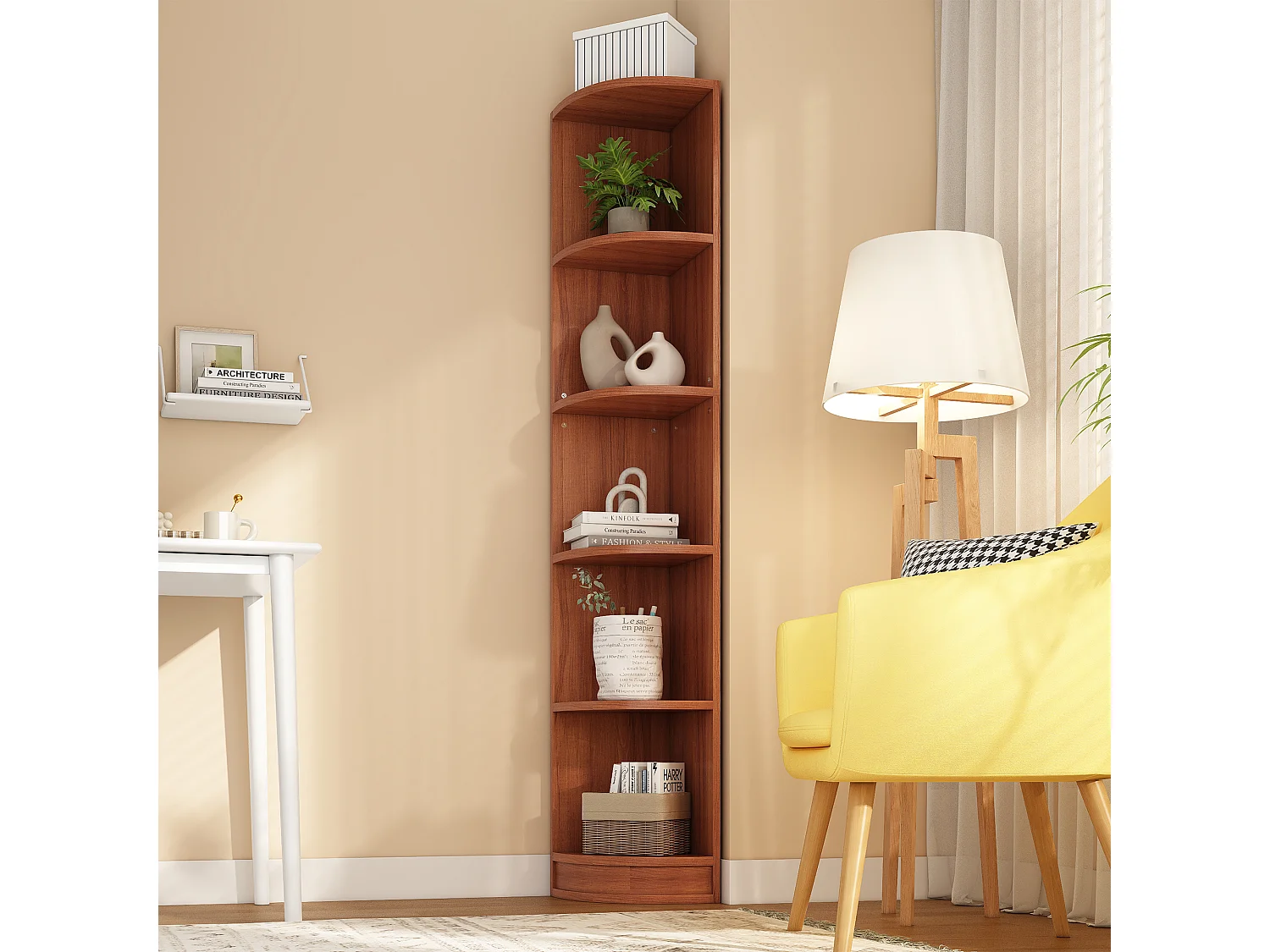 Bibliothèque, Étagère d'angle 42x30x180 cm - Avec 5 étagères - Design épuré - MDF - Marron