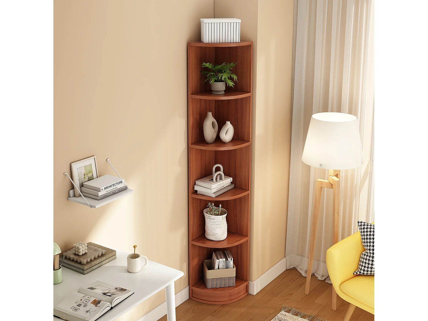 Bibliothèque, Étagère d'angle 42x30x180 cm - Avec 5 étagères - Design épuré - MDF - Marron