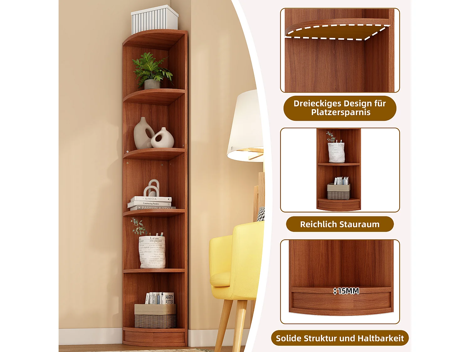 Bibliothèque, Étagère d'angle 42x30x180 cm - Avec 5 étagères - Design épuré - MDF - Marron