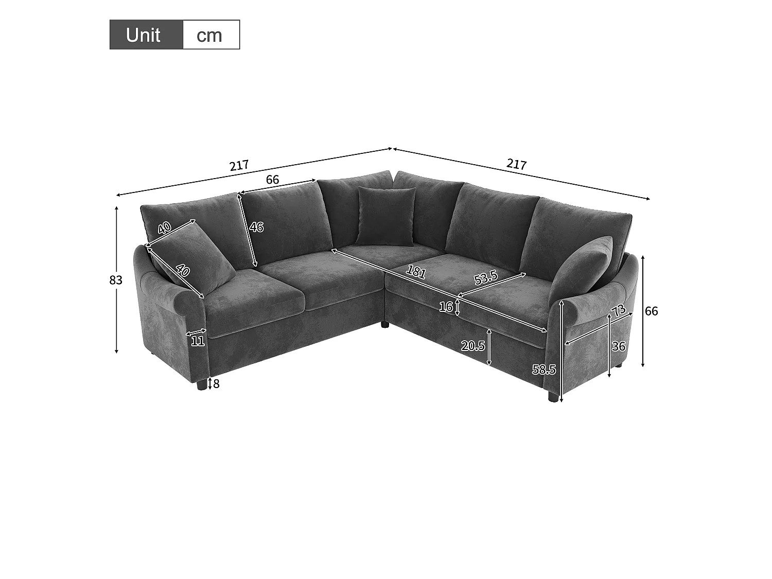Canapé d'angle 5 places en forme de L 217x217x83 cm - avec 3 coussins décoratifs - tissu chenille - Gris
