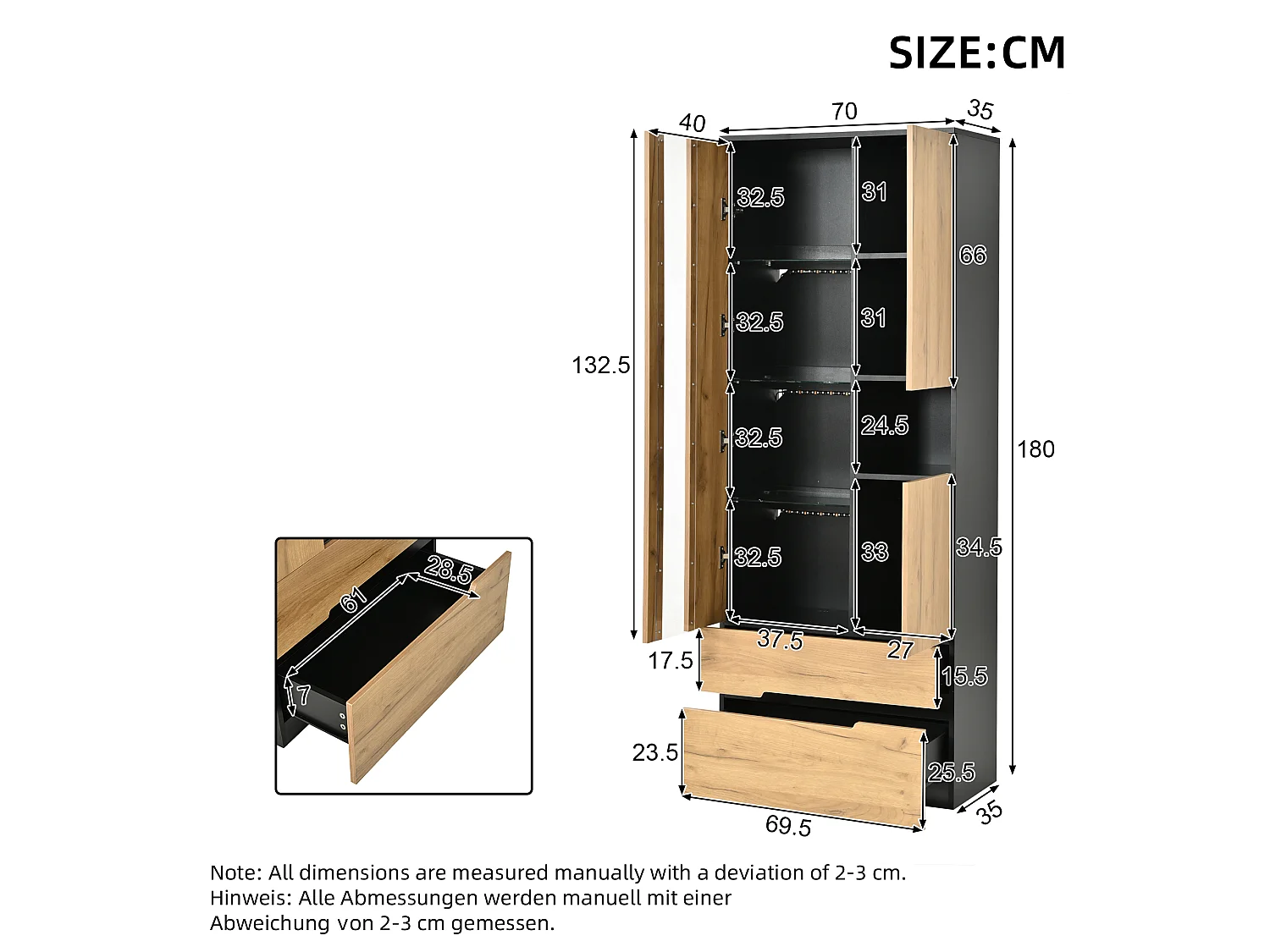 Modern display cabinet 75 x 35 x 180 cm - LED lighting - With 3 doors and 2 drawers - MDF+glass - Natural+black