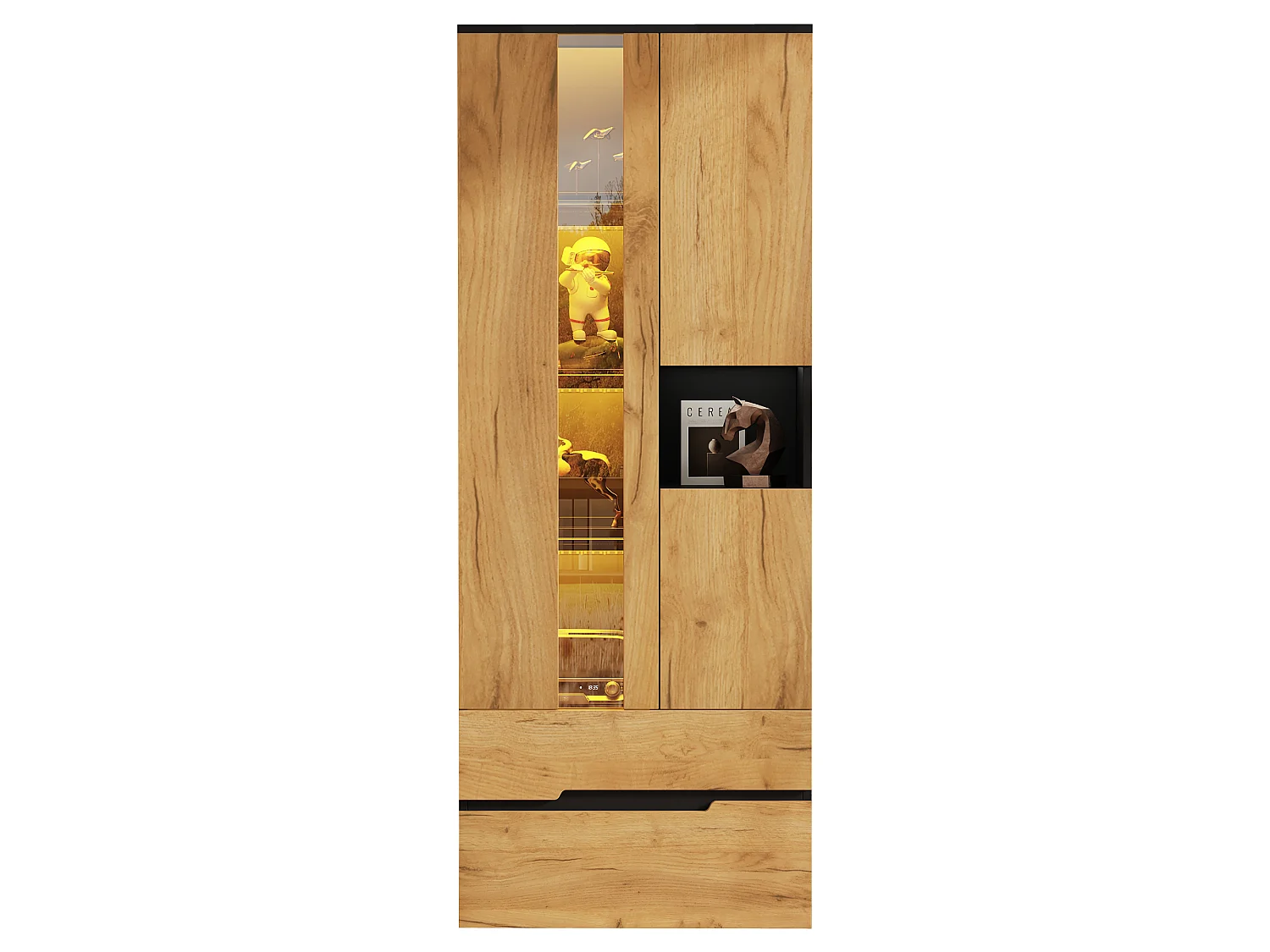 Modern display cabinet 75 x 35 x 180 cm - LED lighting - With 3 doors and 2 drawers - MDF+glass - Natural+black