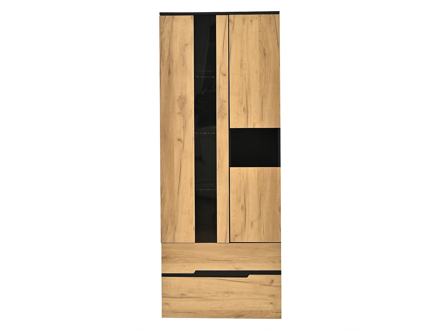 Modern display cabinet 75 x 35 x 180 cm - LED lighting - With 3 doors and 2 drawers - MDF+glass - Natural+black