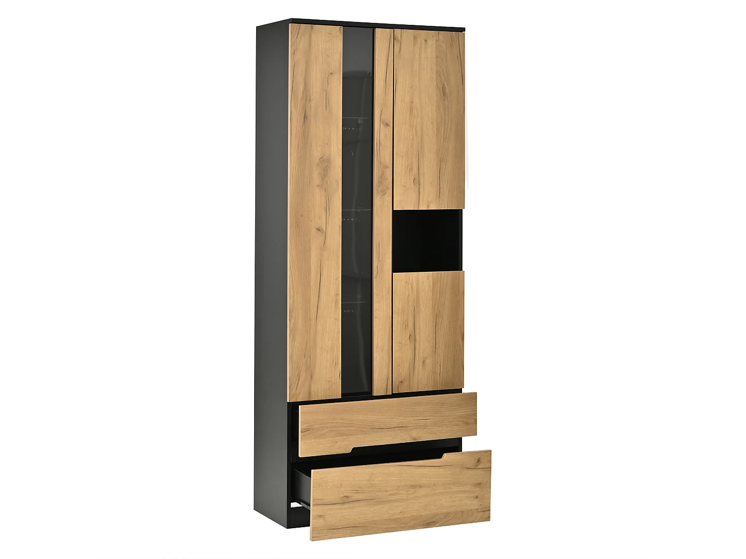 Modern display cabinet 75 x 35 x 180 cm - LED lighting - With 3 doors and 2 drawers - MDF+glass - Natural+black