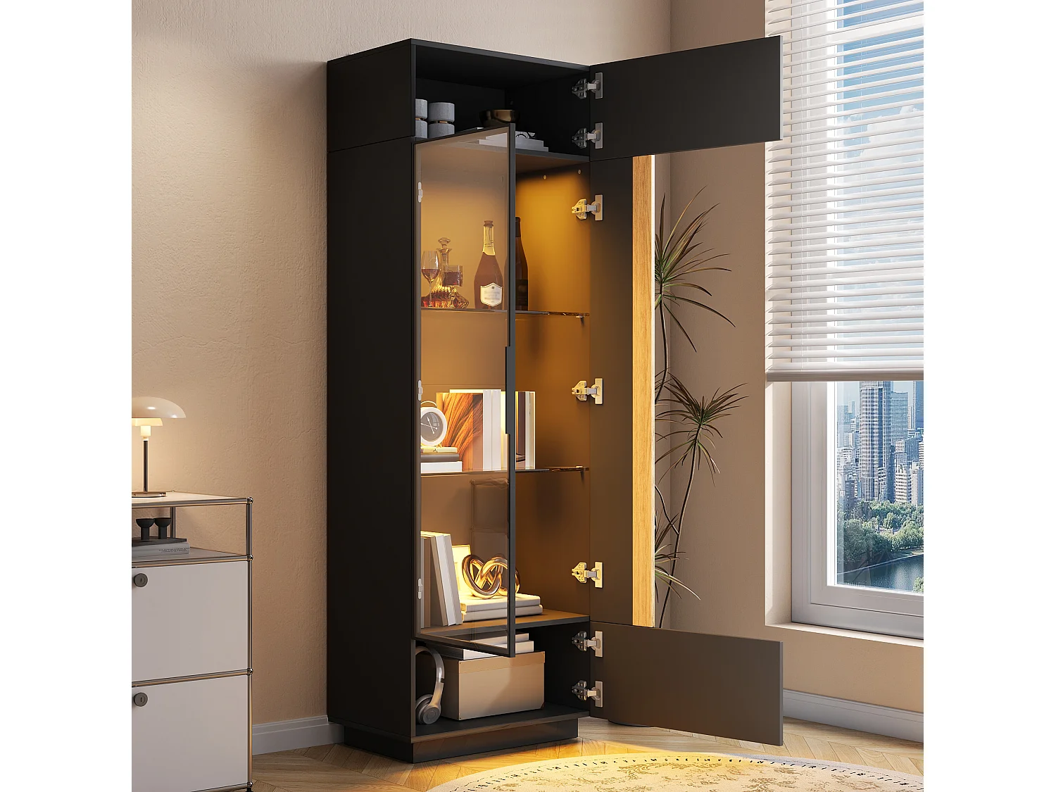 Vitrina alta con porta in vetro 60x40x180cn - Illuminazione LED e 2 porte - Finitura lucida - Pannelli di particelle - Nero