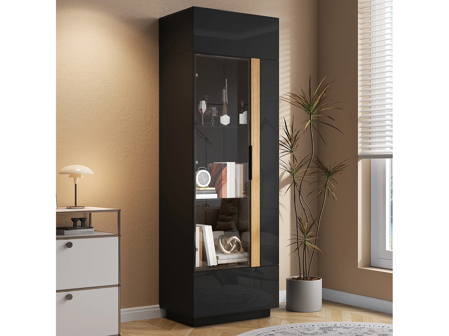 Vitrina alta con porta in vetro 60x40x180cn - Illuminazione LED e 2 porte - Finitura lucida - Pannelli di particelle - Nero