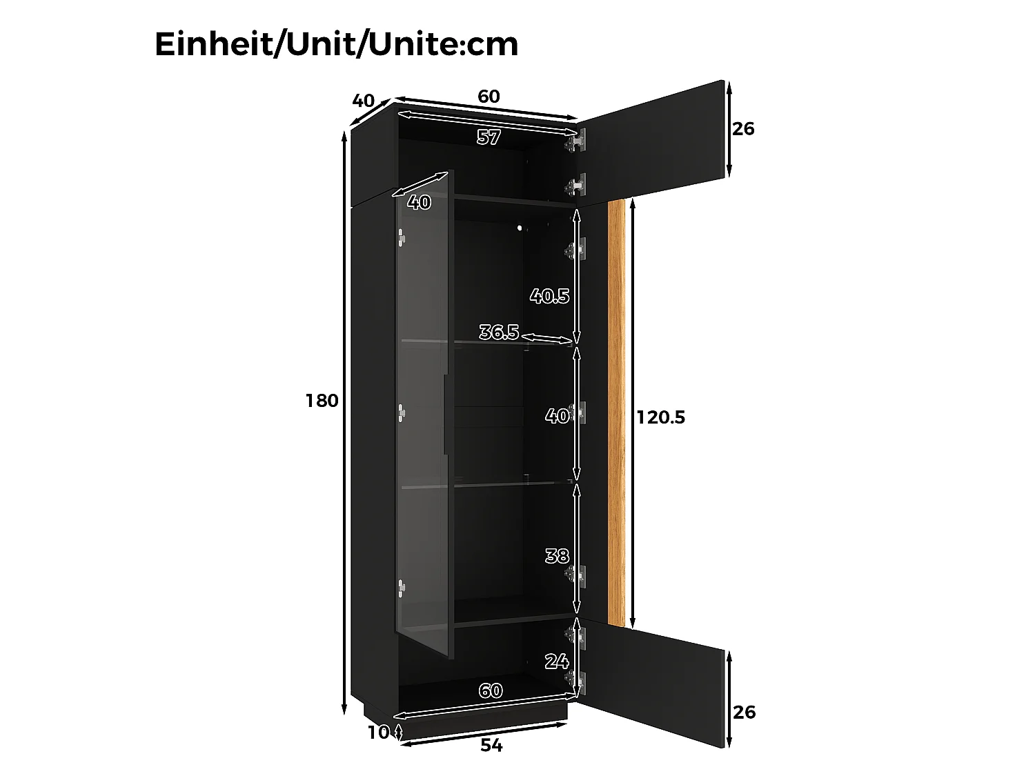 Vitrina alta con porta in vetro 60x40x180cn - Illuminazione LED e 2 porte - Finitura lucida - Pannelli di particelle - Nero