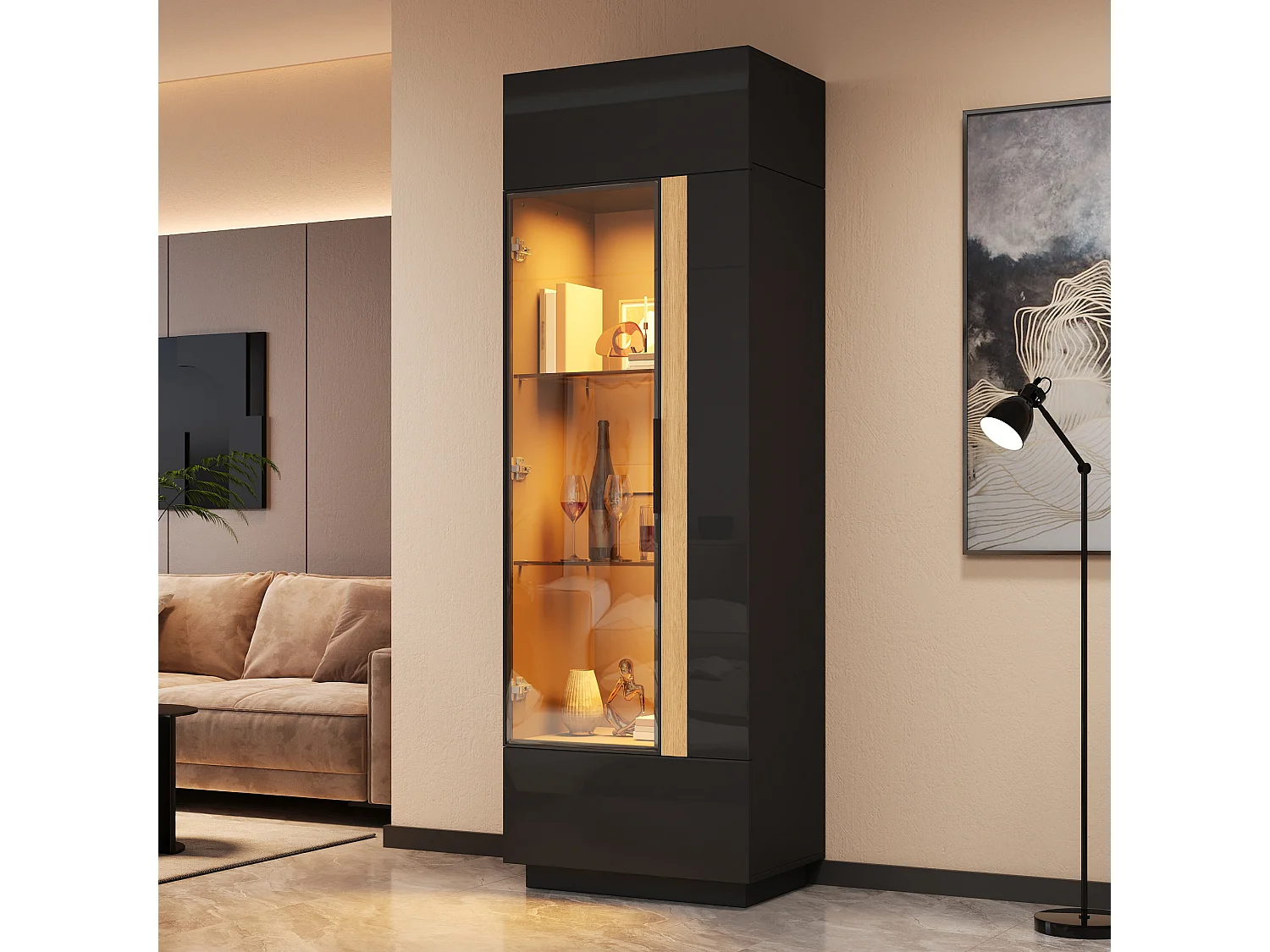 Vitrina alta con porta in vetro 60x40x180cn - Illuminazione LED e 2 porte - Finitura lucida - Pannelli di particelle - Nero