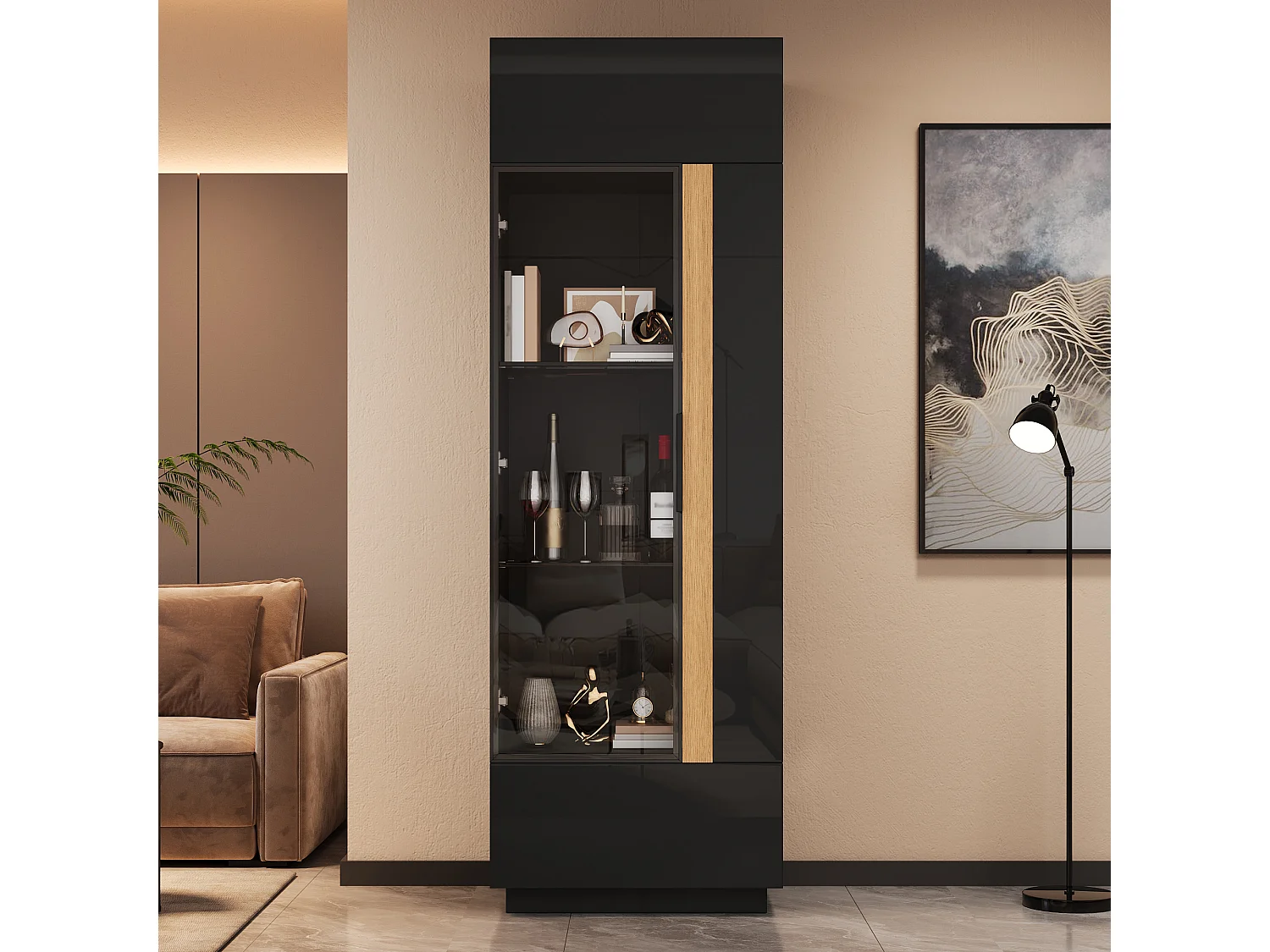 Vitrina alta con porta in vetro 60x40x180cn - Illuminazione LED e 2 porte - Finitura lucida - Pannelli di particelle - Nero