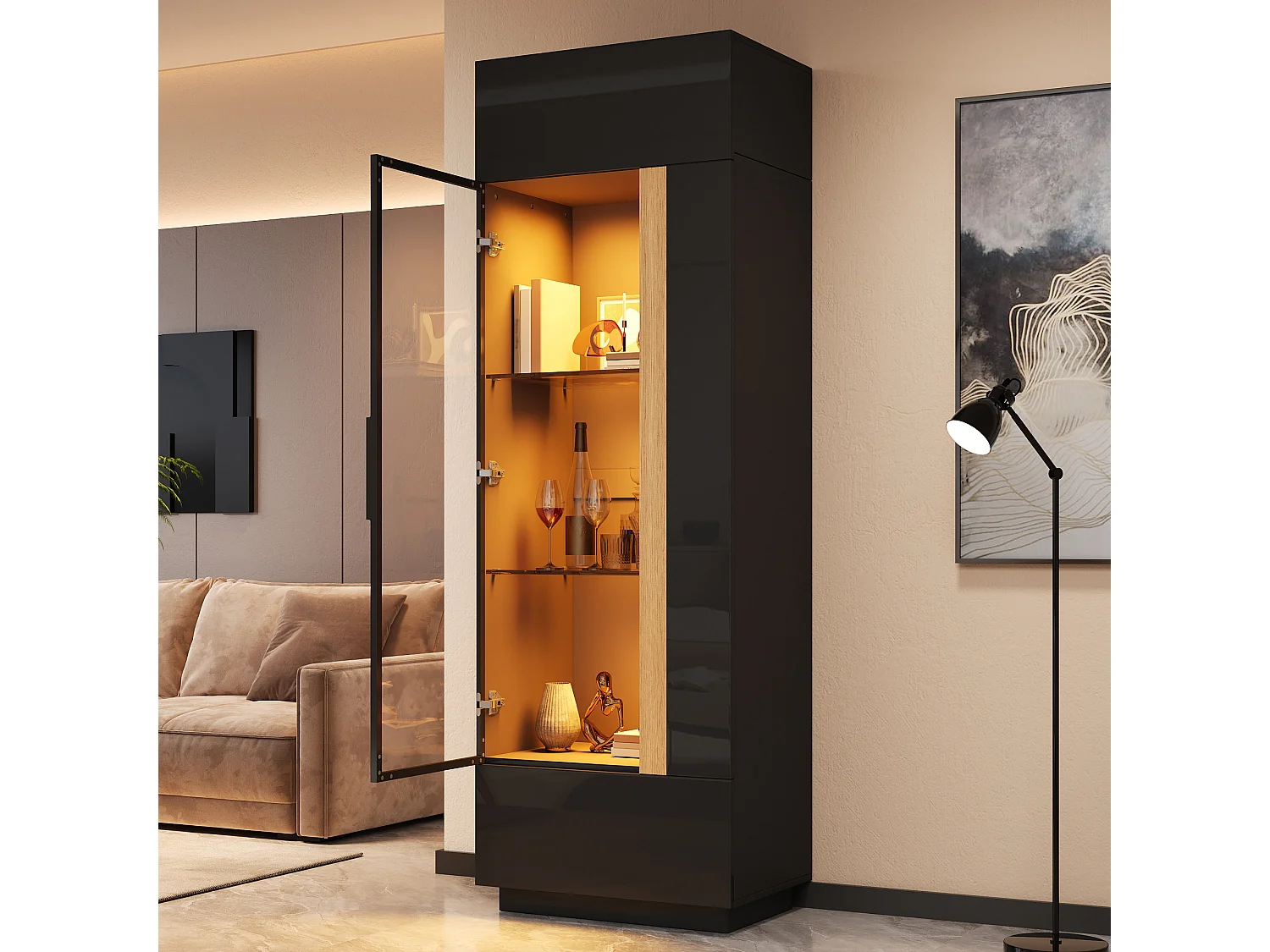 Vitrina alta con porta in vetro 60x40x180cn - Illuminazione LED e 2 porte - Finitura lucida - Pannelli di particelle - Nero