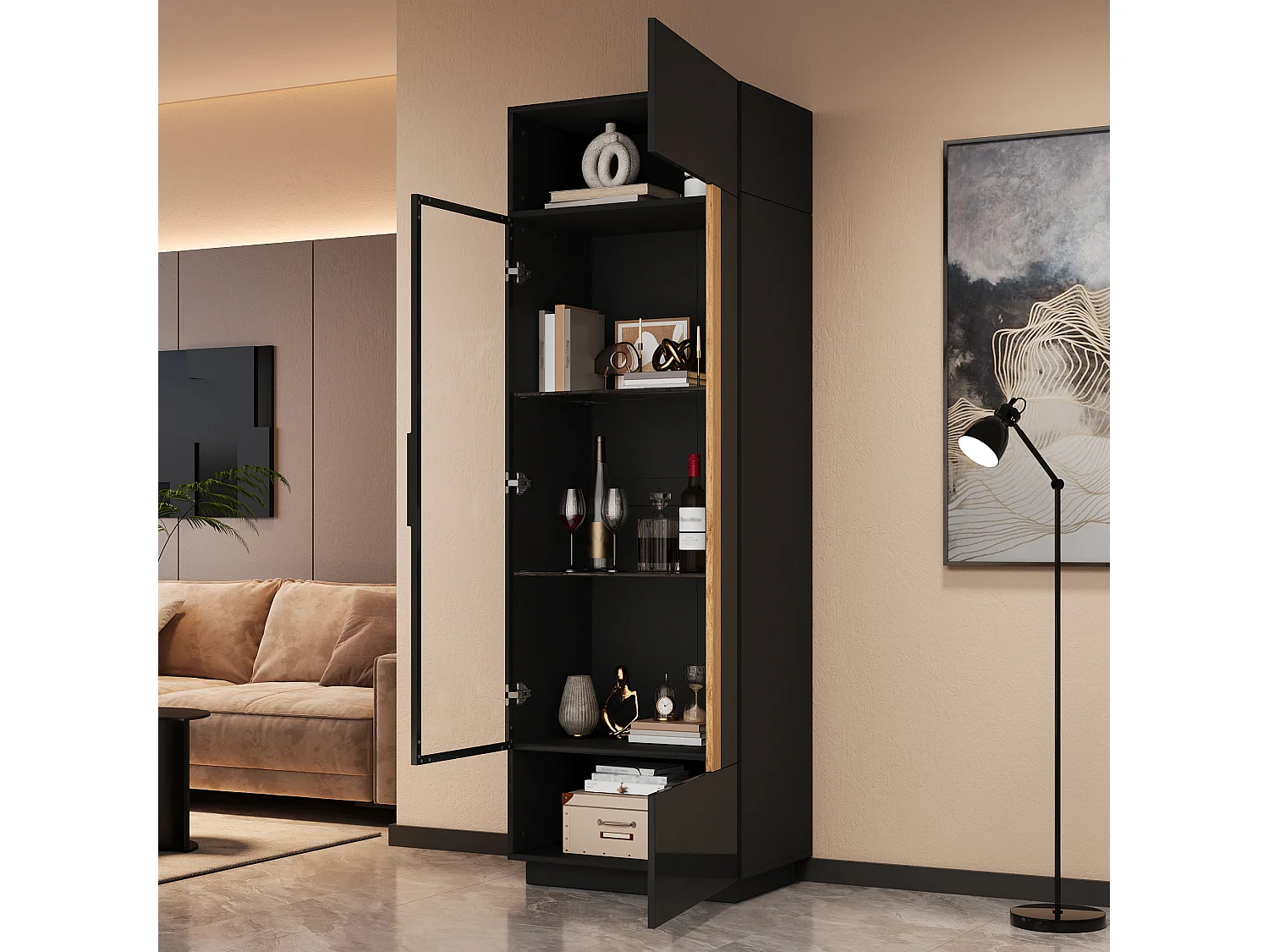 Vitrina alta con porta in vetro 60x40x180cn - Illuminazione LED e 2 porte - Finitura lucida - Pannelli di particelle - Nero