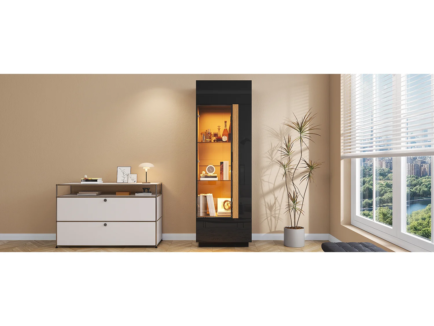 Vitrina alta con porta in vetro 60x40x180cn - Illuminazione LED e 2 porte - Finitura lucida - Pannelli di particelle - Nero