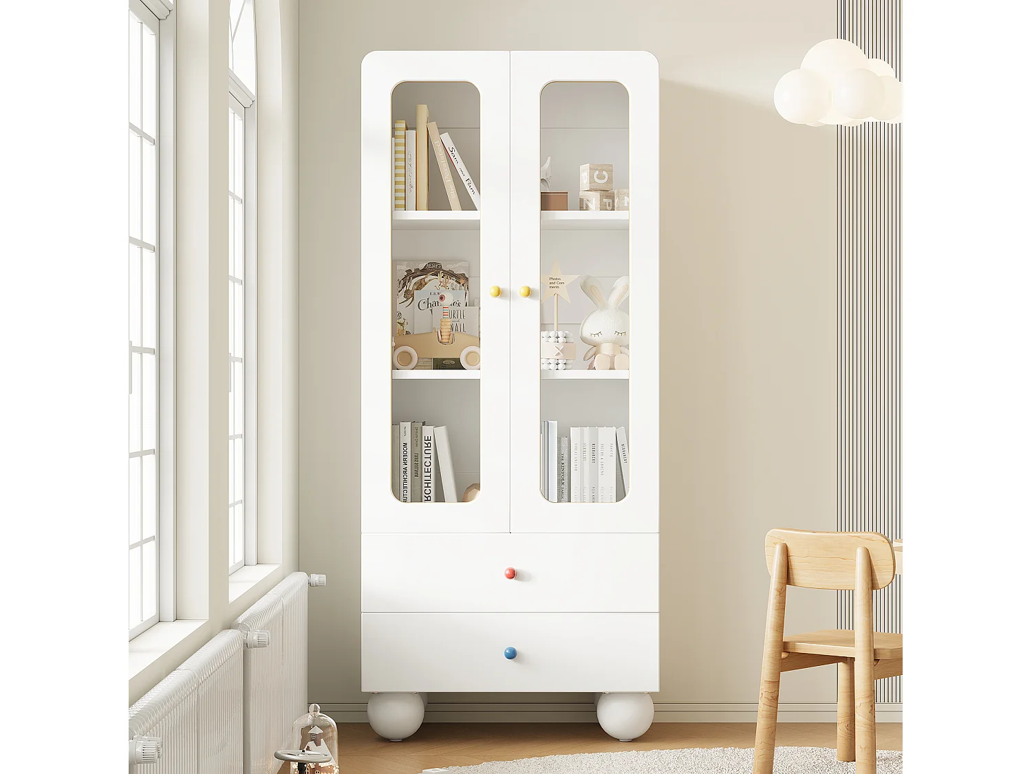 Vitrine en verre, bibliothèque pour enfants 60x35x140 cm - avec 2 portes vitrées et 2 tiroirs - avec poignées en céramique colorée - blanc