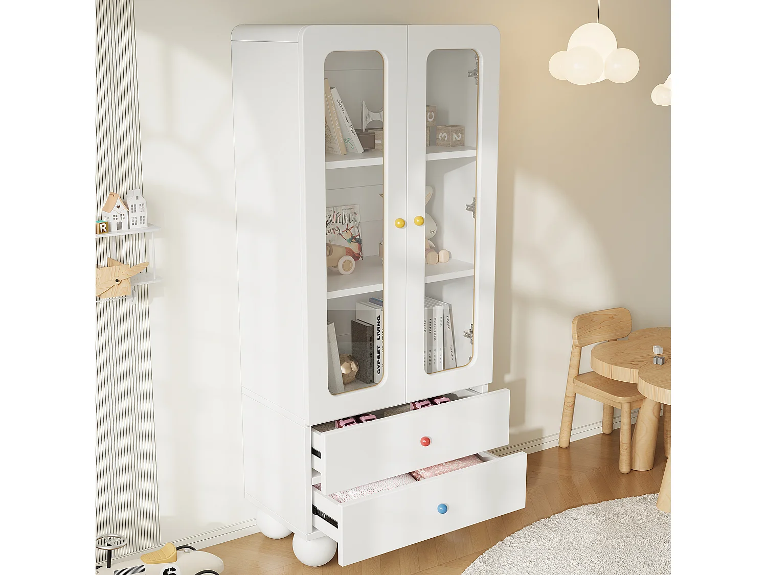 Vitrine en verre, bibliothèque pour enfants 60x35x140 cm - avec 2 portes vitrées et 2 tiroirs - avec poignées en céramique colorée - blanc