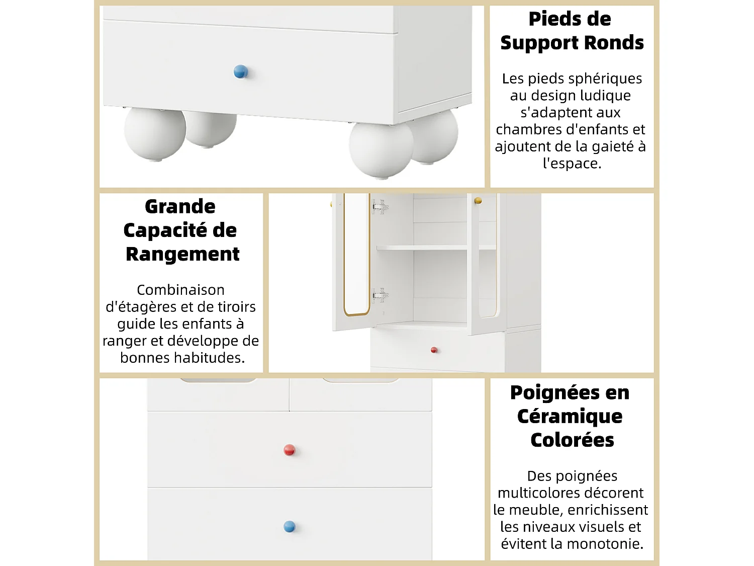 Vitrine en verre, bibliothèque pour enfants 60x35x140 cm - avec 2 portes vitrées et 2 tiroirs - avec poignées en céramique colorée - blanc