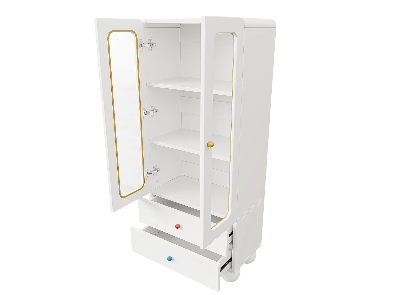 Vitrine en verre, bibliothèque pour enfants 60x35x140 cm - avec 2 portes vitrées et 2 tiroirs - avec poignées en céramique colorée - blanc