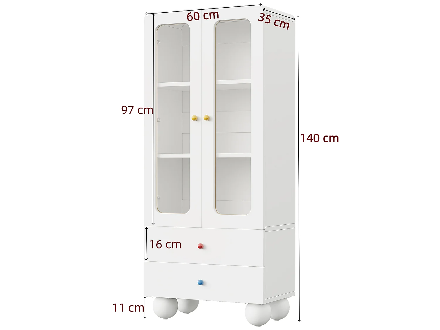 Vitrine en verre, bibliothèque pour enfants 60x35x140 cm - avec 2 portes vitrées et 2 tiroirs - avec poignées en céramique colorée - blanc