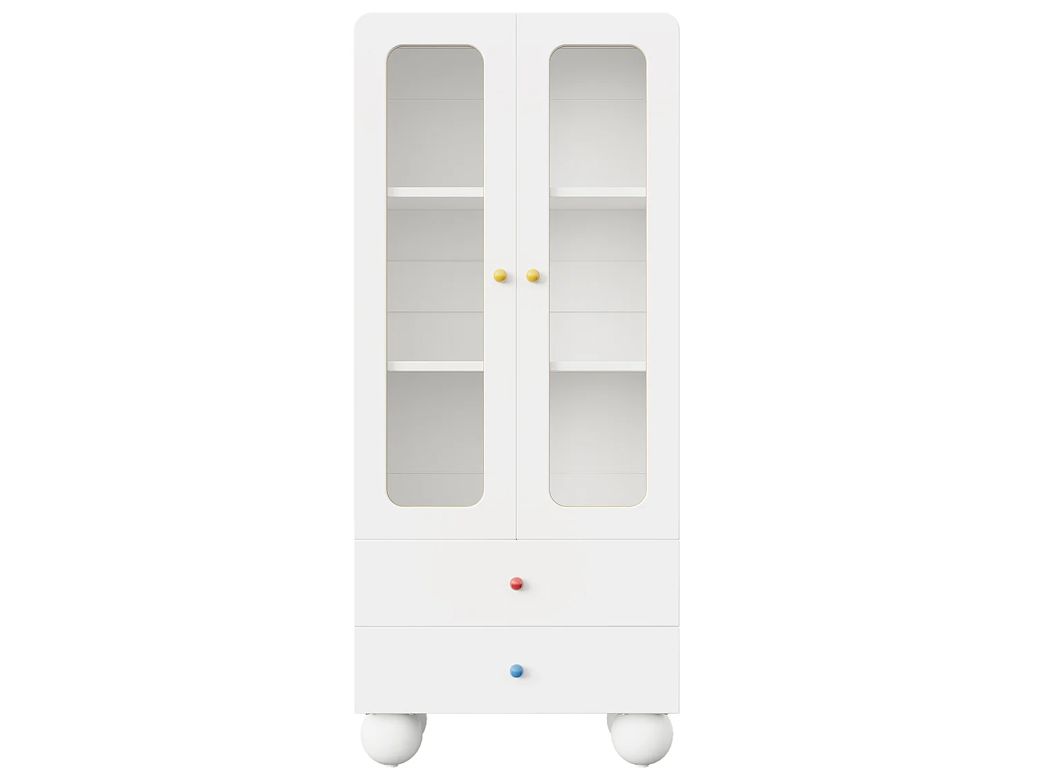 Vitrine en verre, bibliothèque pour enfants 60x35x140 cm - avec 2 portes vitrées et 2 tiroirs - avec poignées en céramique colorée - blanc