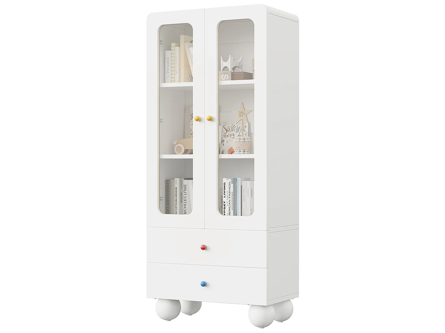 Vitrine en verre, bibliothèque pour enfants 60x35x140 cm - avec 2 portes vitrées et 2 tiroirs - avec poignées en céramique colorée - blanc