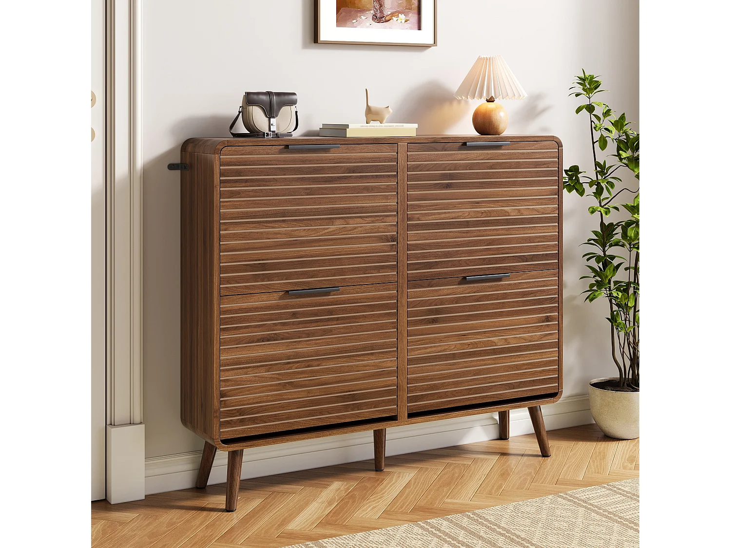 4-Tier Tipping Shoe Cabinet - 4 Drop-Down Doors - Ideal for Entryways or Hallways - Slatted Design - Brown