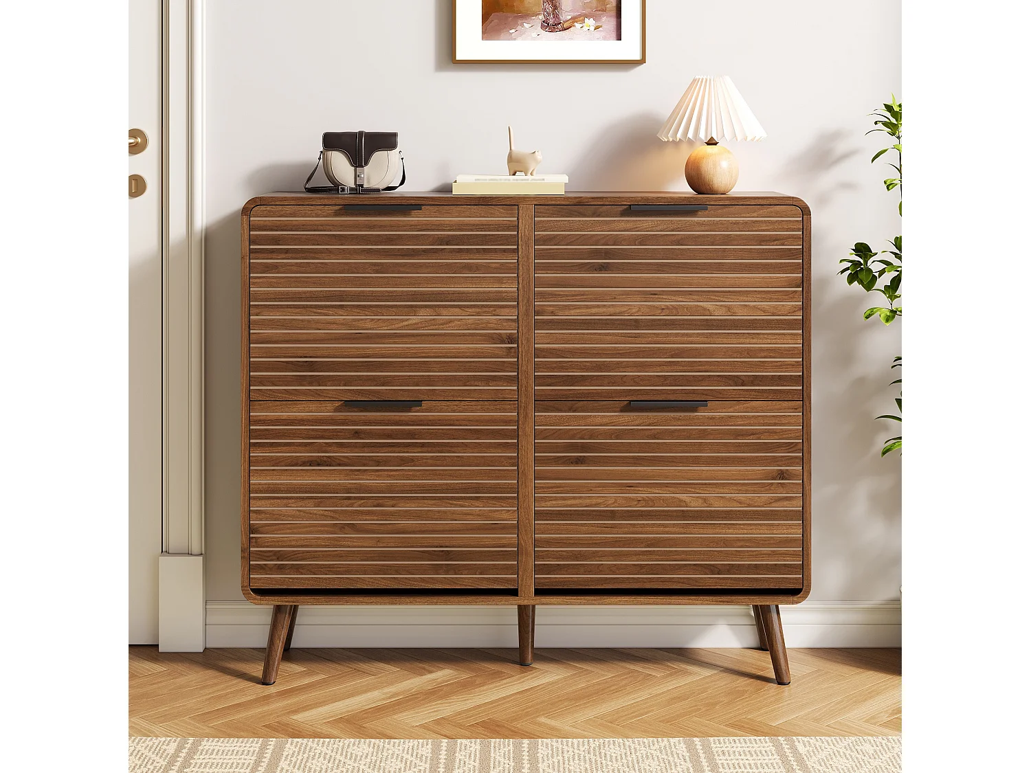 4-Tier Tipping Shoe Cabinet - 4 Drop-Down Doors - Ideal for Entryways or Hallways - Slatted Design - Brown