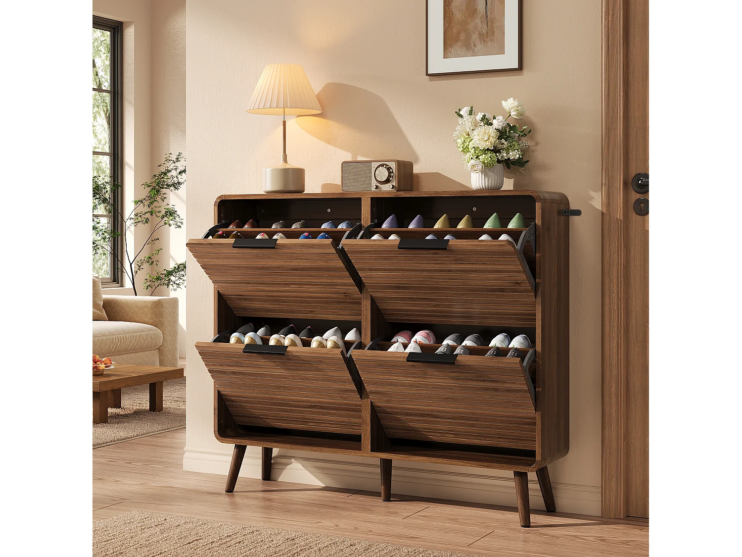 4-Tier Tipping Shoe Cabinet - 4 Drop-Down Doors - Ideal for Entryways or Hallways - Slatted Design - Brown