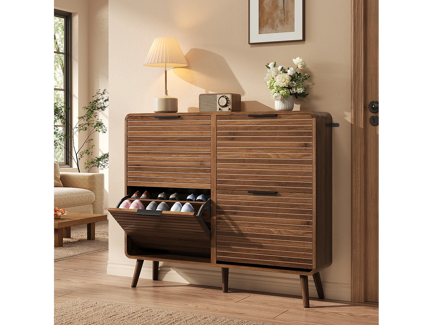 4-Tier Tipping Shoe Cabinet - 4 Drop-Down Doors - Ideal for Entryways or Hallways - Slatted Design - Brown