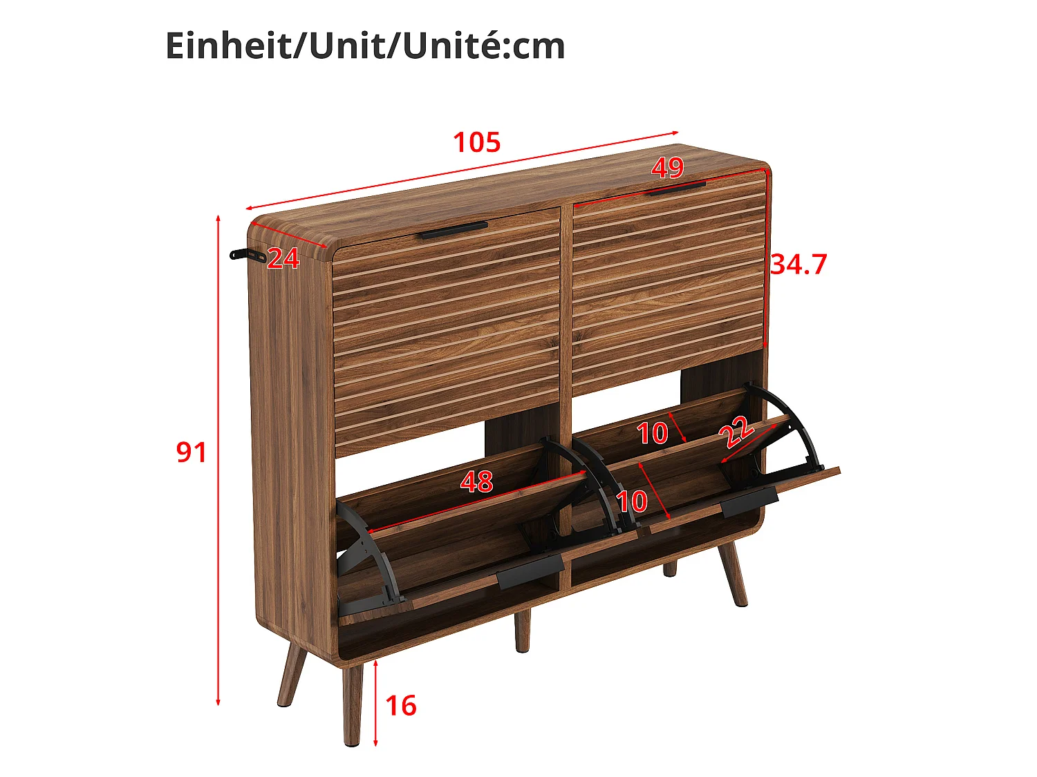 4-Tier Tipping Shoe Cabinet - 4 Drop-Down Doors - Ideal for Entryways or Hallways - Slatted Design - Brown