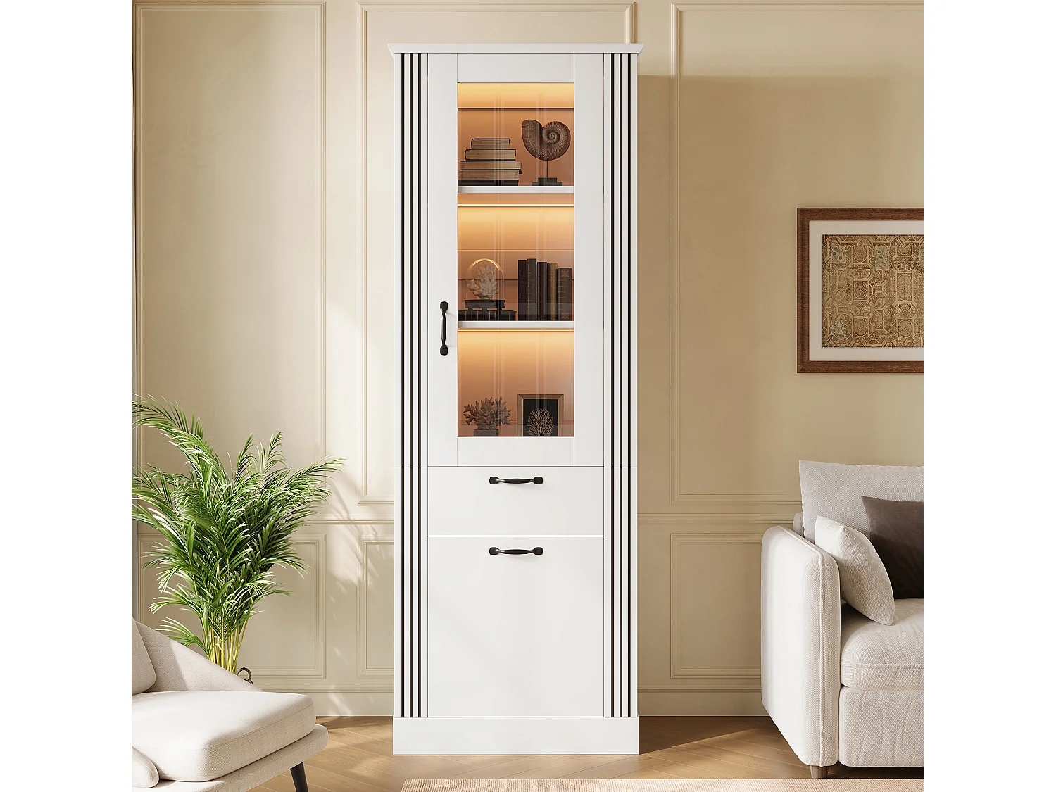 Display cabinet with mirror door 62x41x180 cm - LED lighting - With 2 doors and 1 drawer - Particle board - White