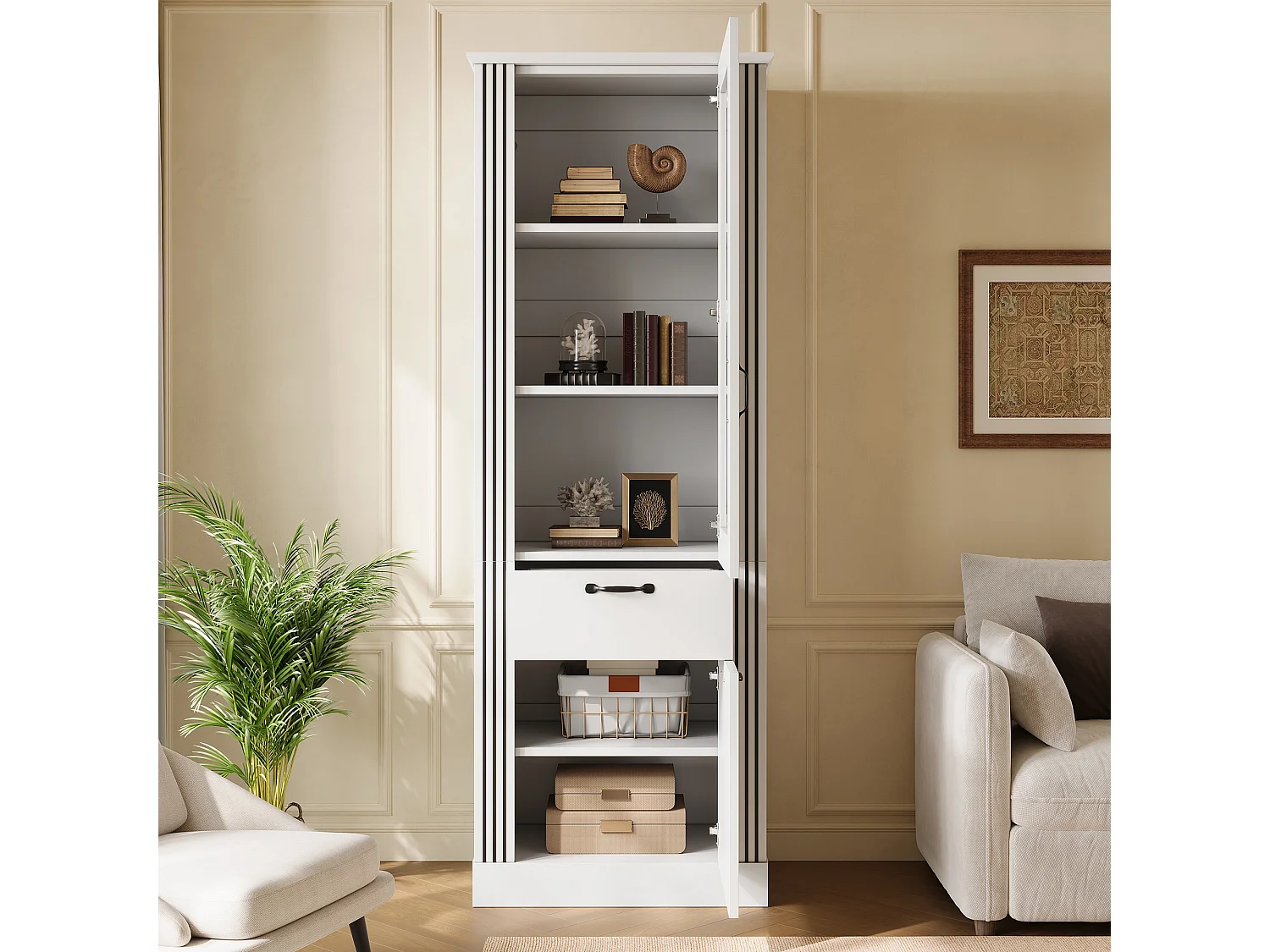 Display cabinet with mirror door 62x41x180 cm - LED lighting - With 2 doors and 1 drawer - Particle board - White
