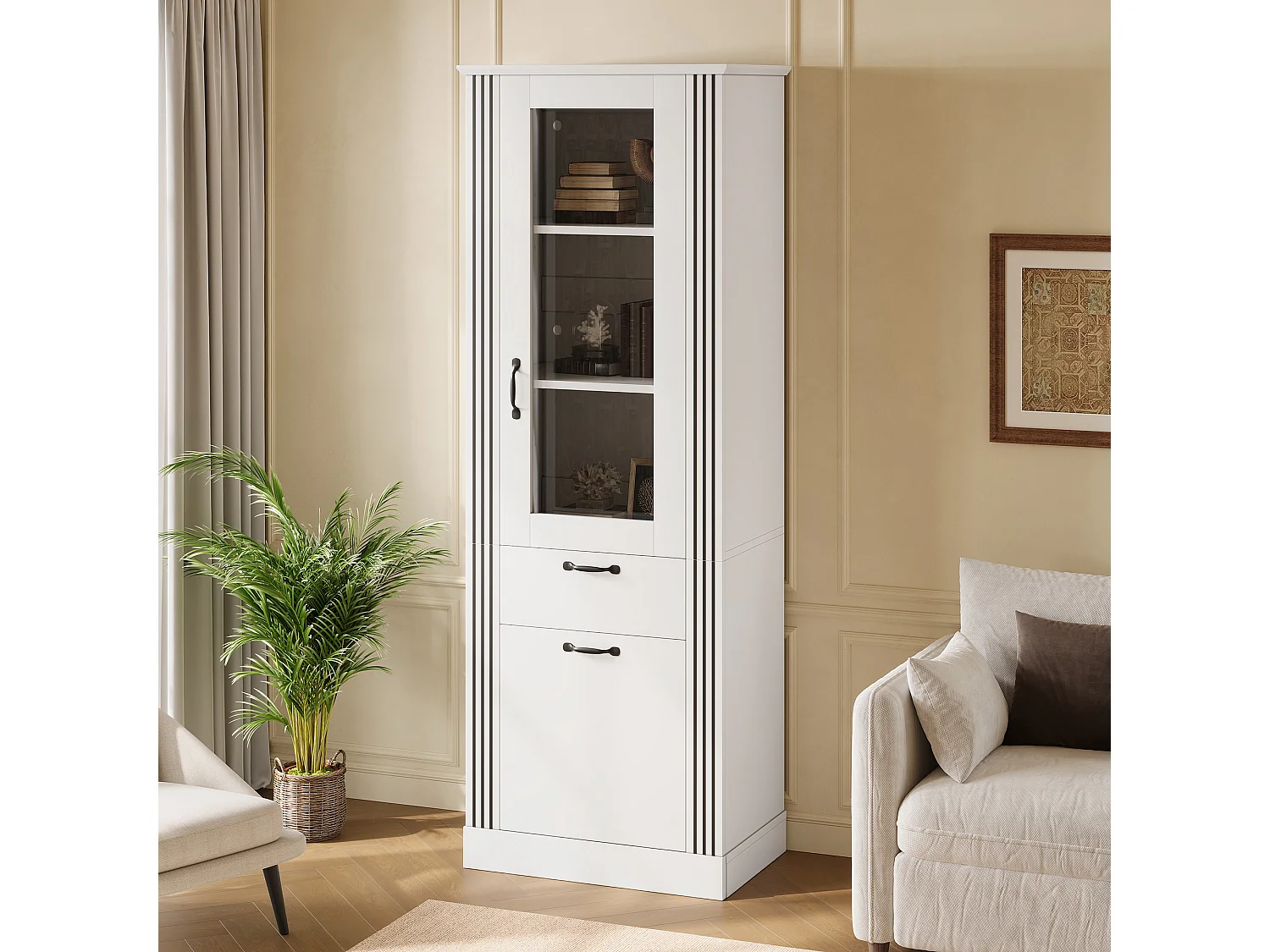 Display cabinet with mirror door 62x41x180 cm - LED lighting - With 2 doors and 1 drawer - Particle board - White