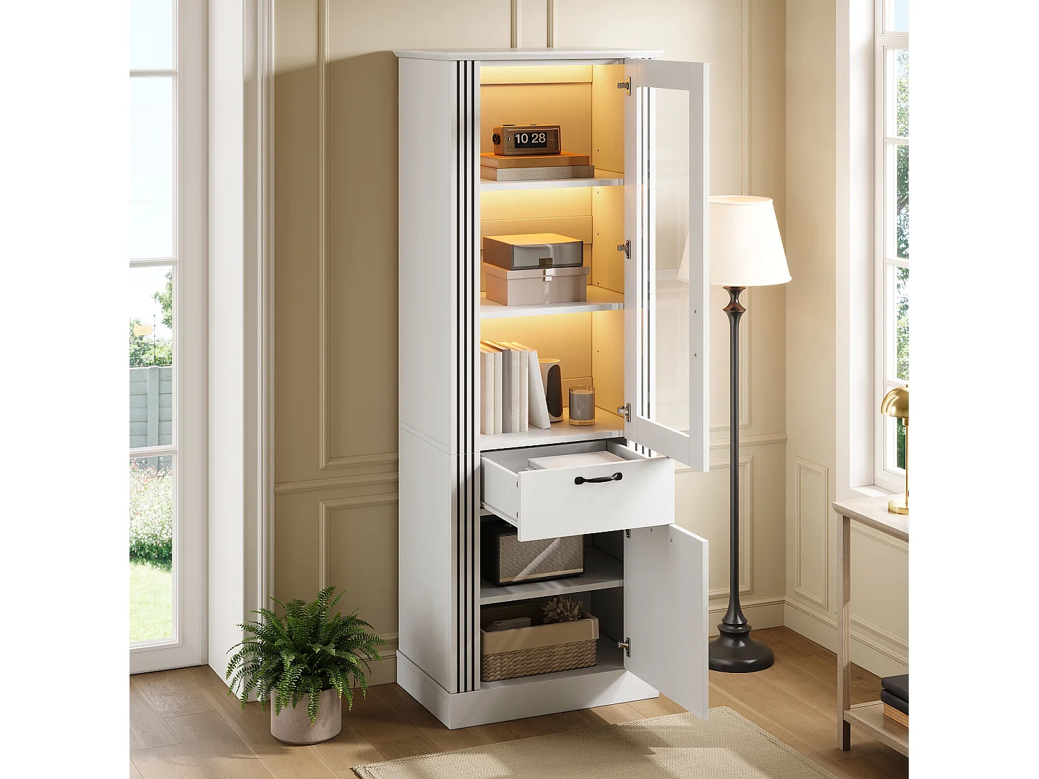 Display cabinet with mirror door 62x41x180 cm - LED lighting - With 2 doors and 1 drawer - Particle board - White