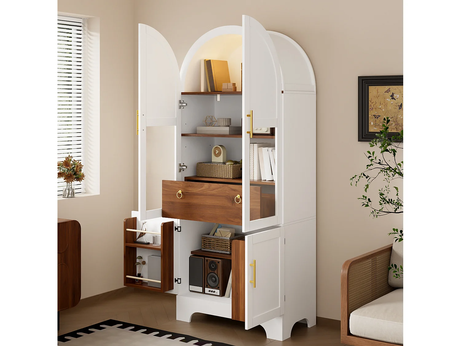 Vitrine haute 76x40x180 cm avec partie supérieure cintrée - Éclairage LED - 4 portes et 1 tiroir - MDF - Blanc