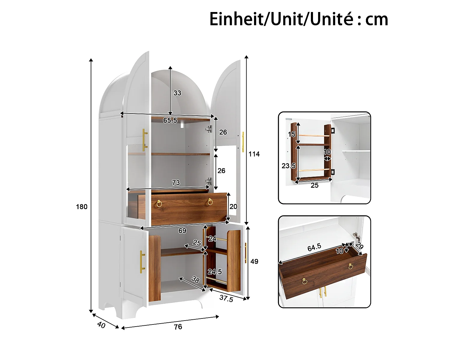 Vitrine haute 76x40x180 cm avec partie supérieure cintrée - Éclairage LED - 4 portes et 1 tiroir - MDF - Blanc