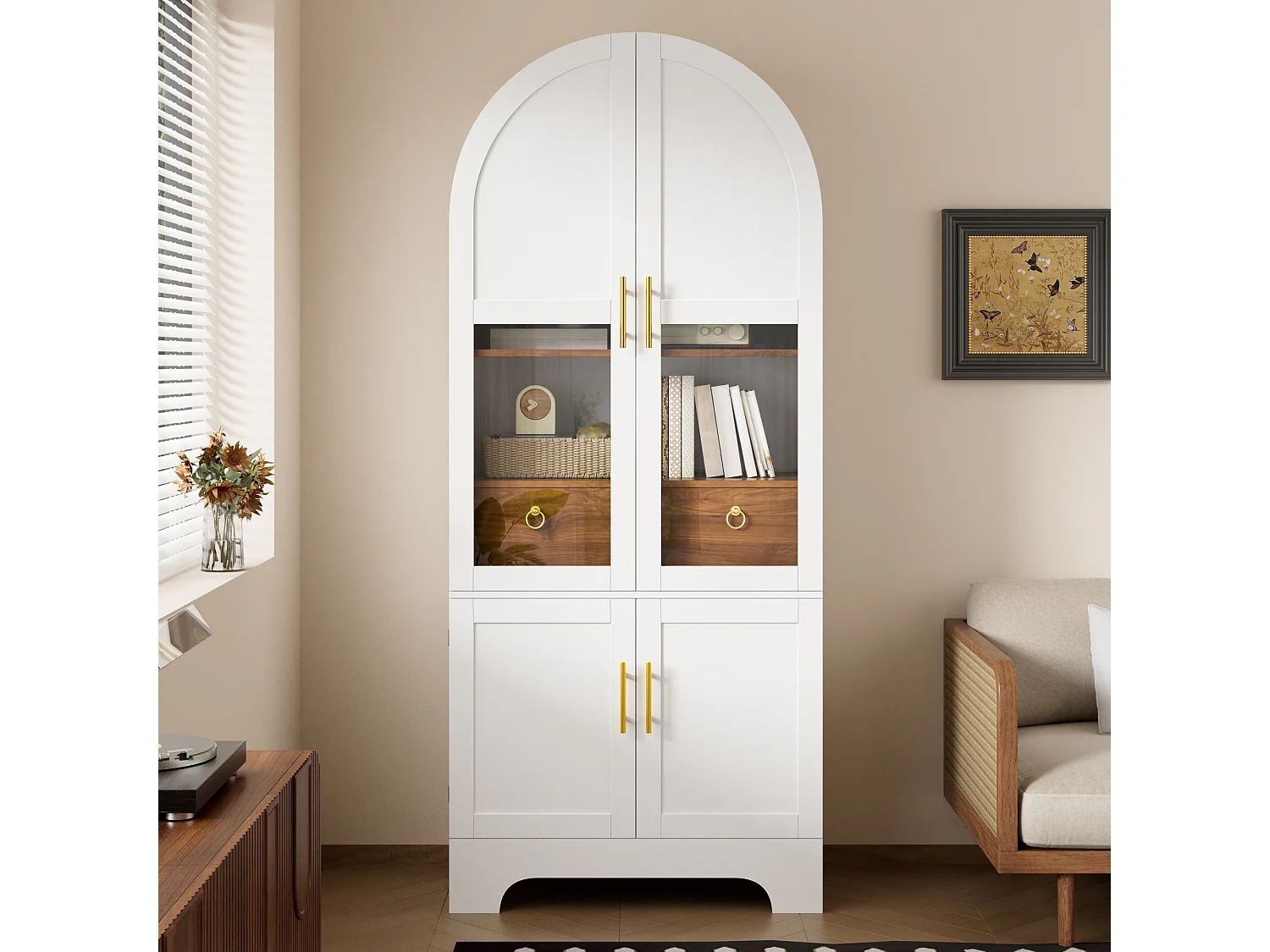 Vitrine haute 76x40x180 cm avec partie supérieure cintrée - Éclairage LED - 4 portes et 1 tiroir - MDF - Blanc
