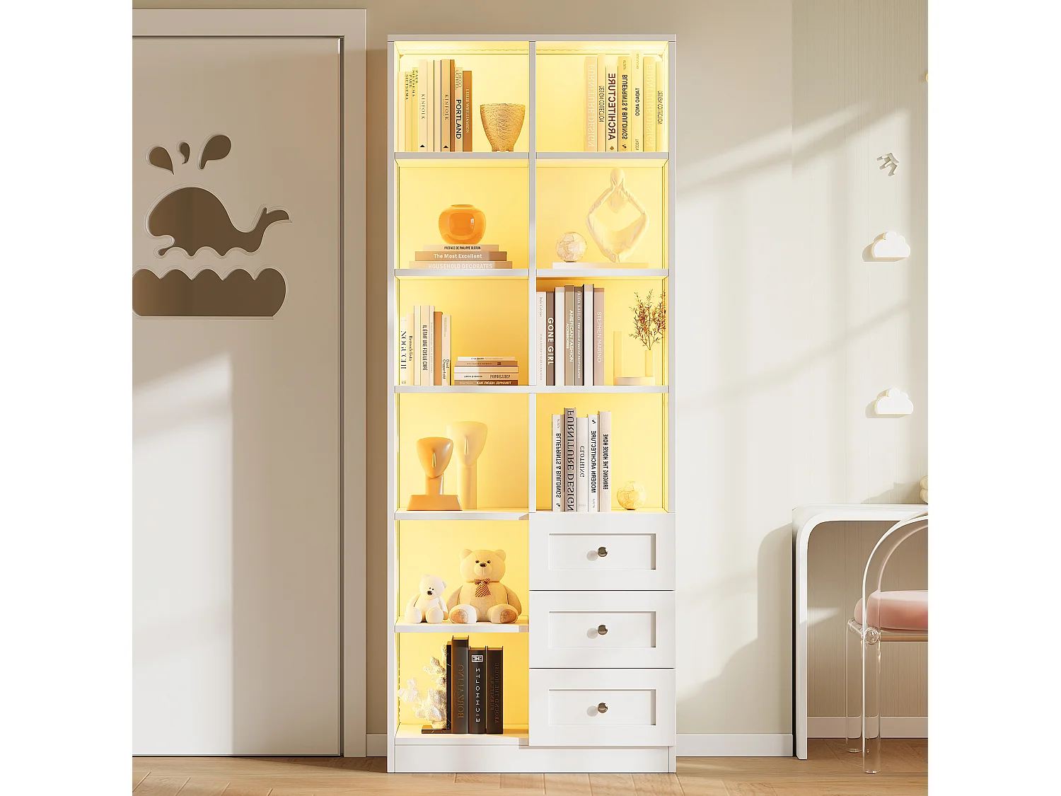 Vitrine / bibliothèque en verre avec bandeau LED - Avec étagères ouvertes et 3 tiroirs - MDF - 70x30x180 cm - Blanc