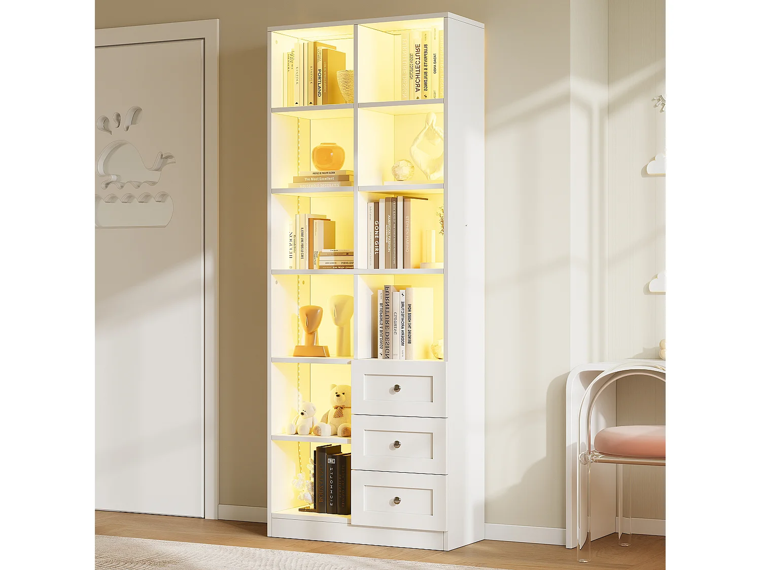 Vitrine / bibliothèque en verre avec bandeau LED - Avec étagères ouvertes et 3 tiroirs - MDF - 70x30x180 cm - Blanc