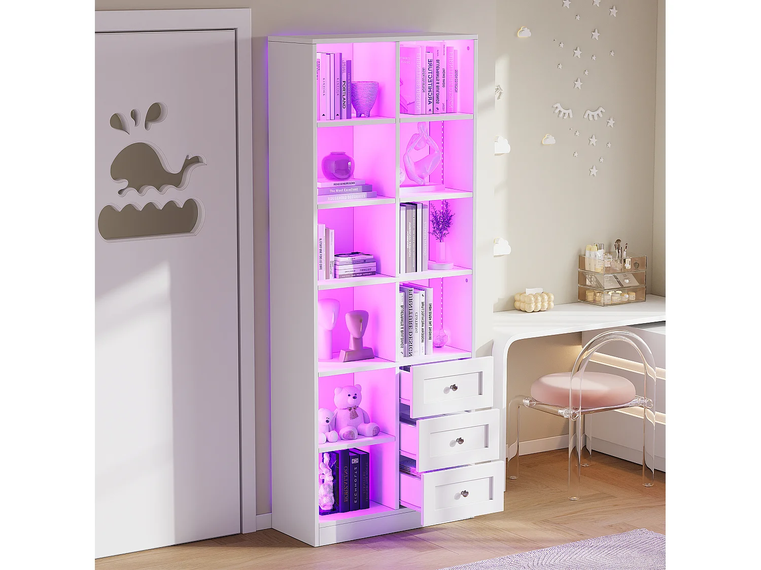Vitrine / bibliothèque en verre avec bandeau LED - Avec étagères ouvertes et 3 tiroirs - MDF - 70x30x180 cm - Blanc