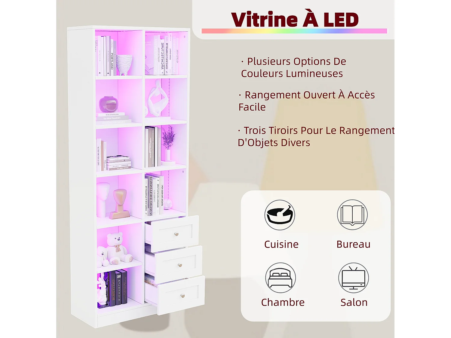 Vitrine / bibliothèque en verre avec bandeau LED - Avec étagères ouvertes et 3 tiroirs - MDF - 70x30x180 cm - Blanc
