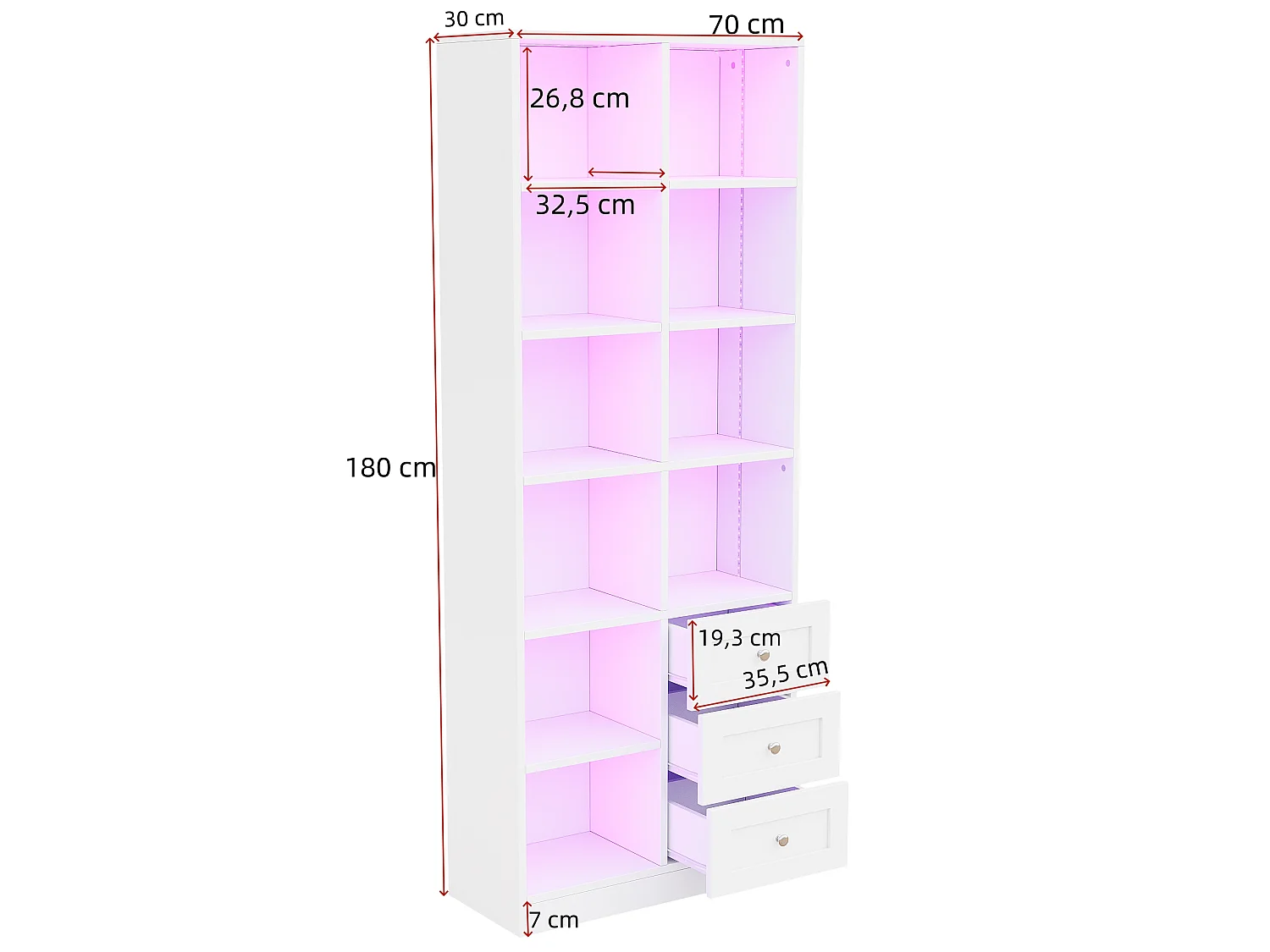 Vitrine / bibliothèque en verre avec bandeau LED - Avec étagères ouvertes et 3 tiroirs - MDF - 70x30x180 cm - Blanc
