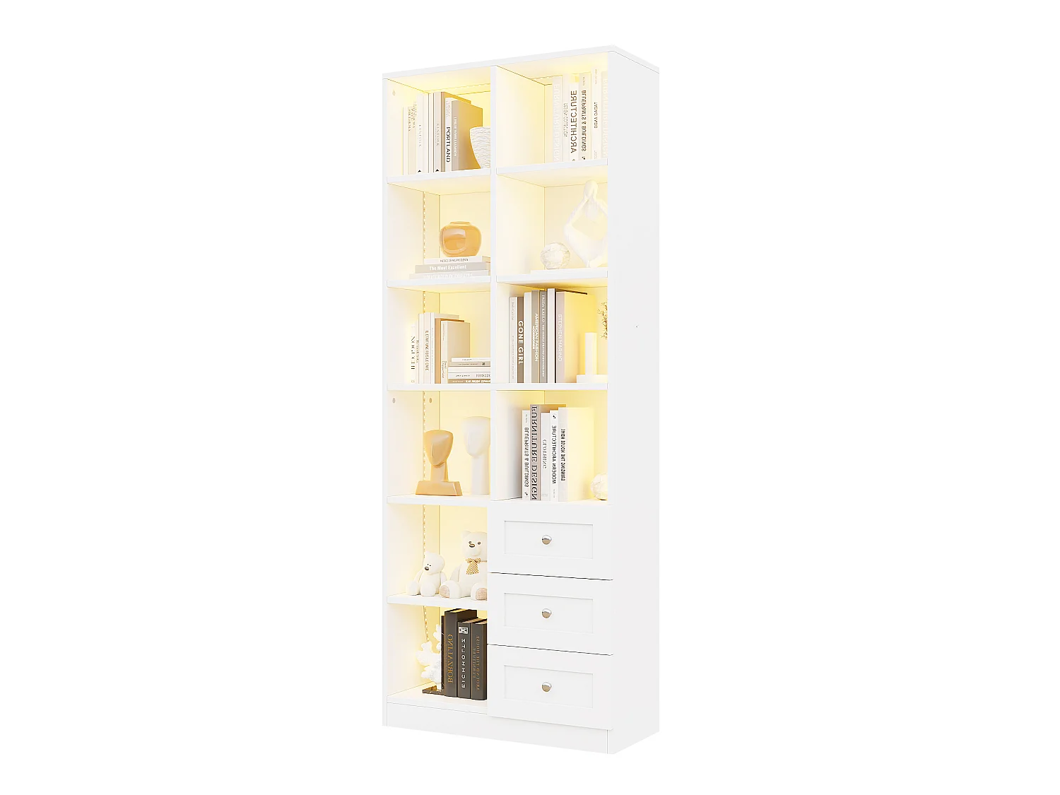 Vitrine / bibliothèque en verre avec bandeau LED - Avec étagères ouvertes et 3 tiroirs - MDF - 70x30x180 cm - Blanc