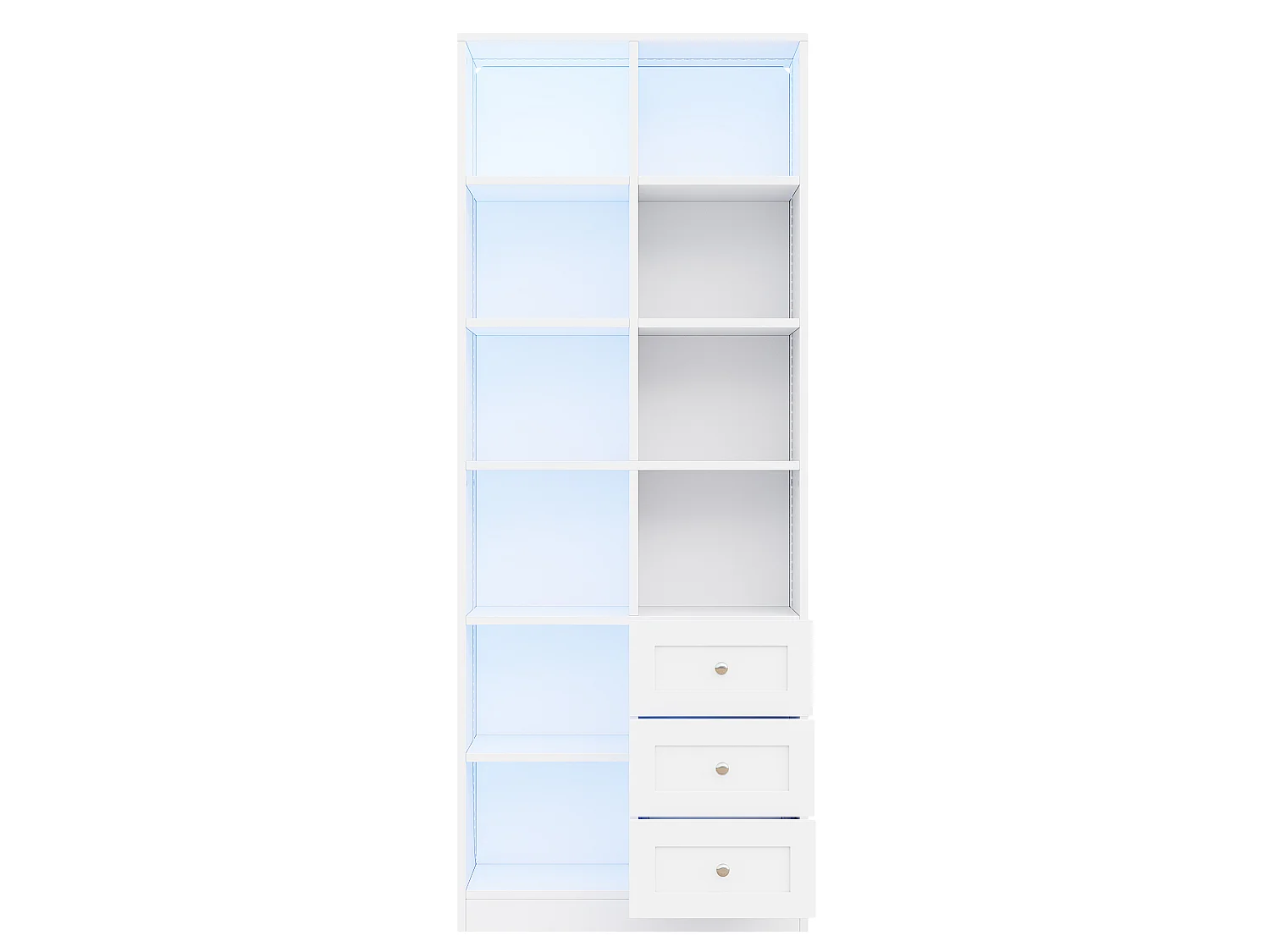 Vitrine / bibliothèque en verre avec bandeau LED - Avec étagères ouvertes et 3 tiroirs - MDF - 70x30x180 cm - Blanc