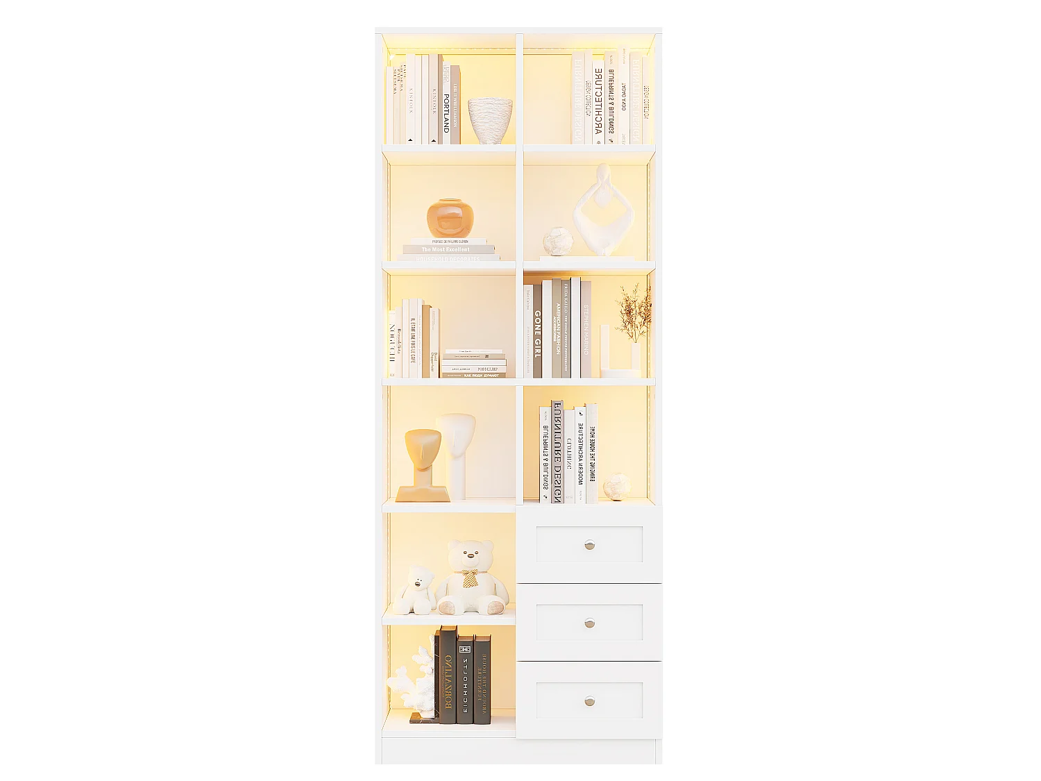 Vitrine / bibliothèque en verre avec bandeau LED - Avec étagères ouvertes et 3 tiroirs - MDF - 70x30x180 cm - Blanc