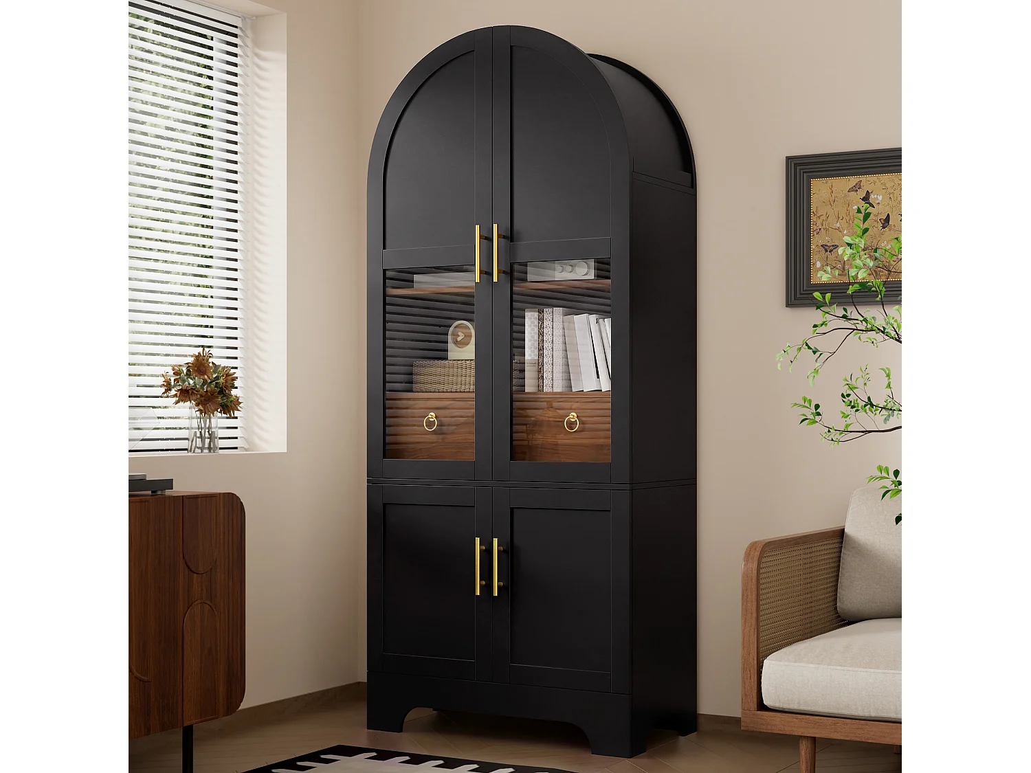 Hög vitrinskåp 76x40x180 cm med välvd övre del - LED-belysning - 4 dörrar och 1 låda - MDF - Svart