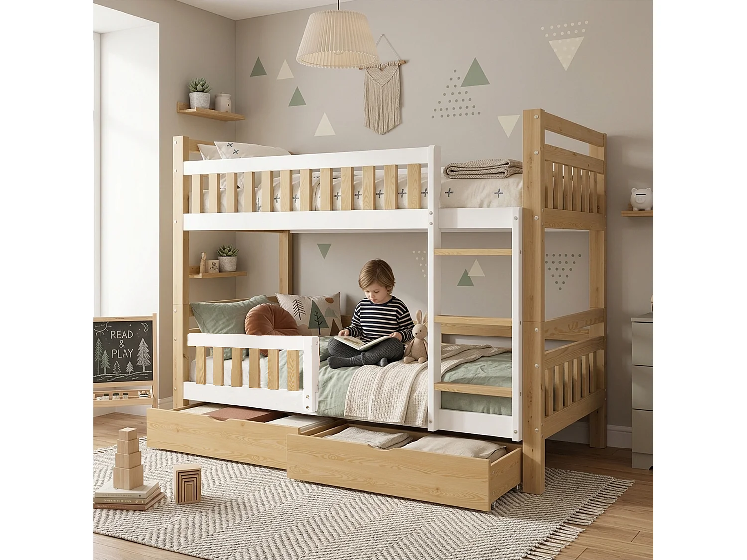 Lit superposé enfant 90x200 cm - avec 2 tiroirs - avec échelle - peut être séparé en deux lits simples - Bois massif + MDF - Blanc + Naturel (sans matelas)