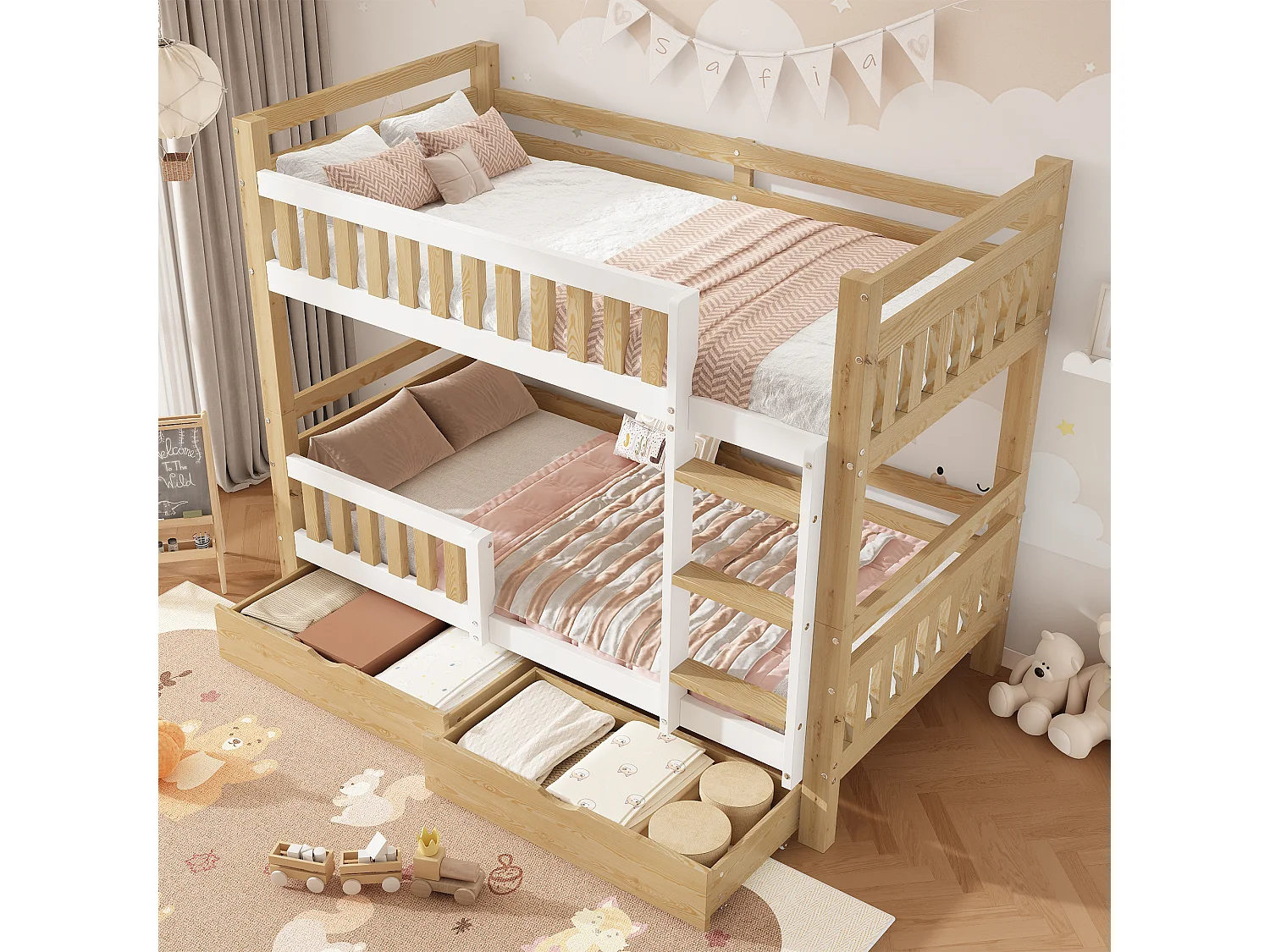 Lit superposé enfant 90x200 cm - avec 2 tiroirs - avec échelle - peut être séparé en deux lits simples - Bois massif + MDF - Blanc + Naturel (sans matelas)