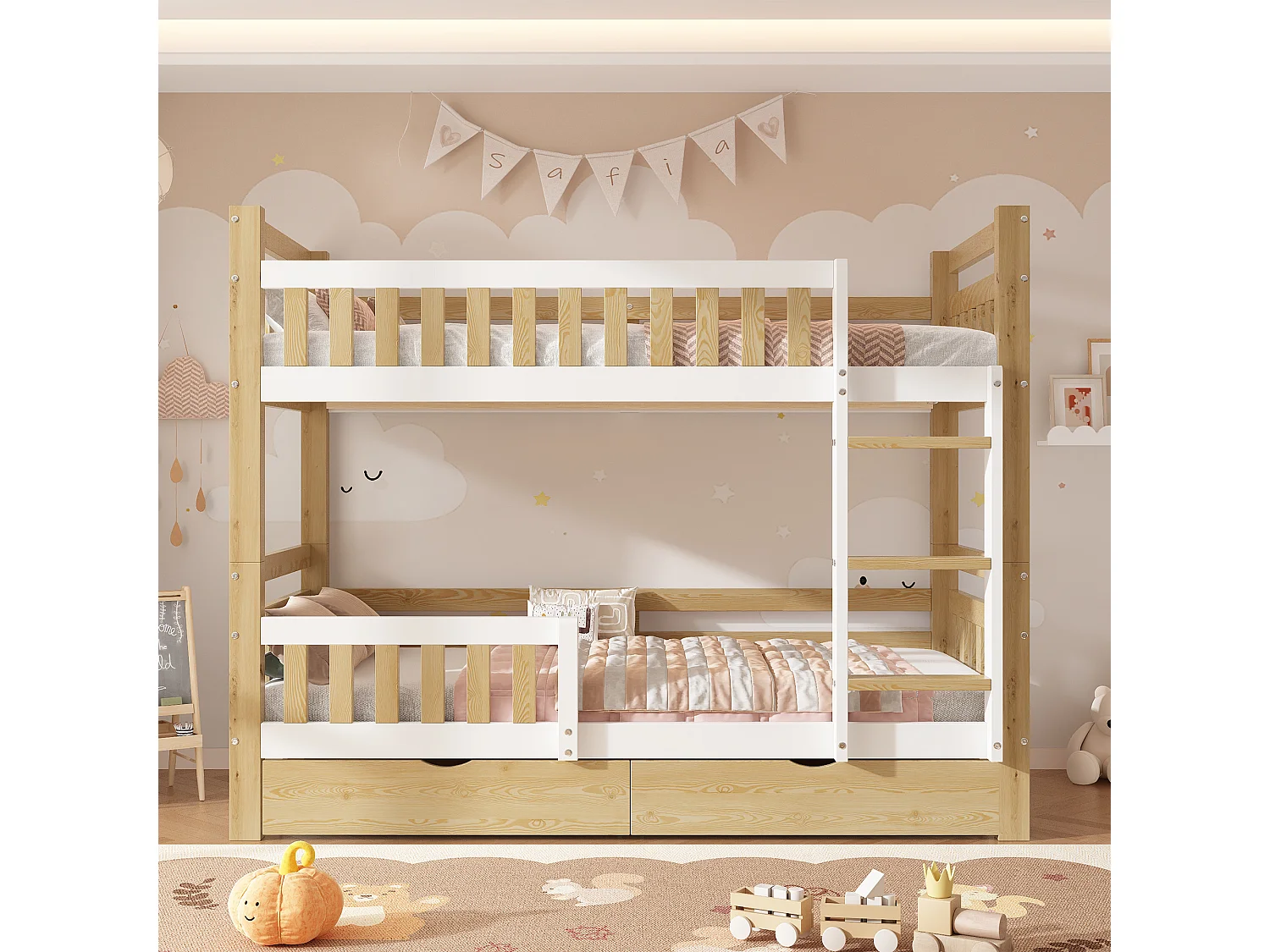 Lit superposé enfant 90x200 cm - avec 2 tiroirs - avec échelle - peut être séparé en deux lits simples - Bois massif + MDF - Blanc + Naturel (sans matelas)