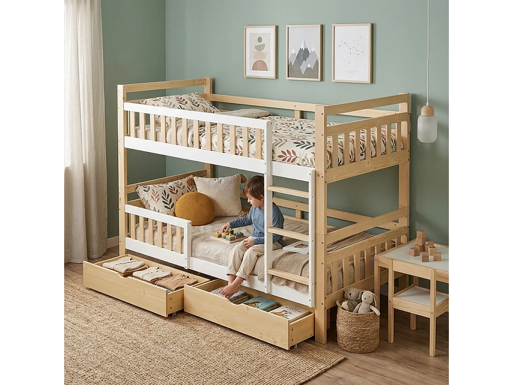 Lit superposé enfant 90x200 cm - avec 2 tiroirs - avec échelle - peut être séparé en deux lits simples - Bois massif + MDF - Blanc + Naturel (sans matelas)