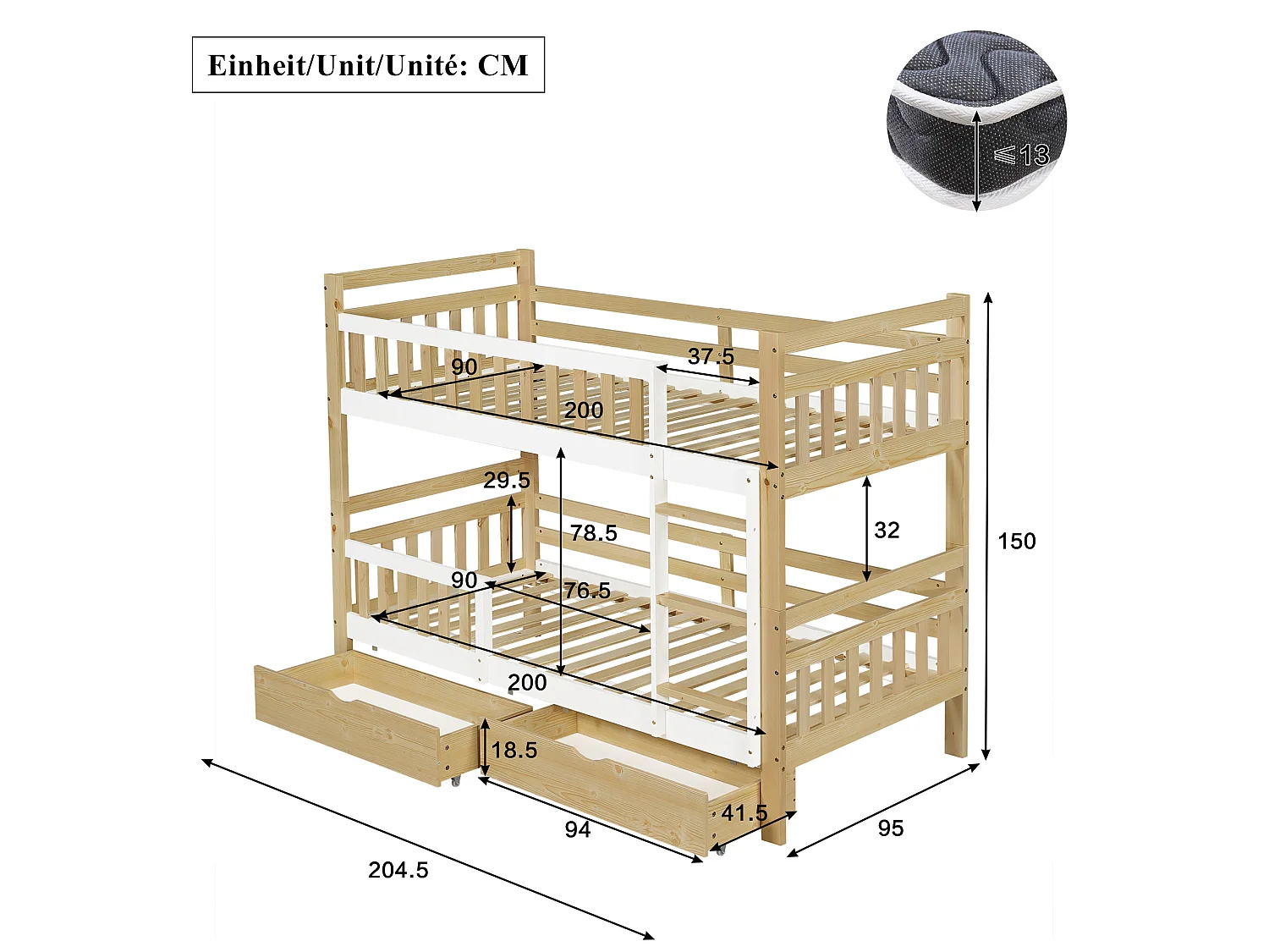 Lit superposé enfant 90x200 cm - avec 2 tiroirs - avec échelle - peut être séparé en deux lits simples - Bois massif + MDF - Blanc + Naturel (sans matelas)