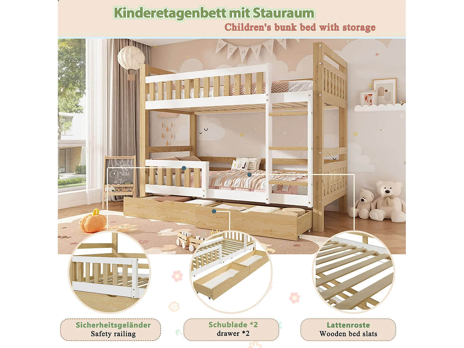 Lit superposé enfant 90x200 cm - avec 2 tiroirs - avec échelle - peut être séparé en deux lits simples - Bois massif + MDF - Blanc + Naturel (sans matelas)